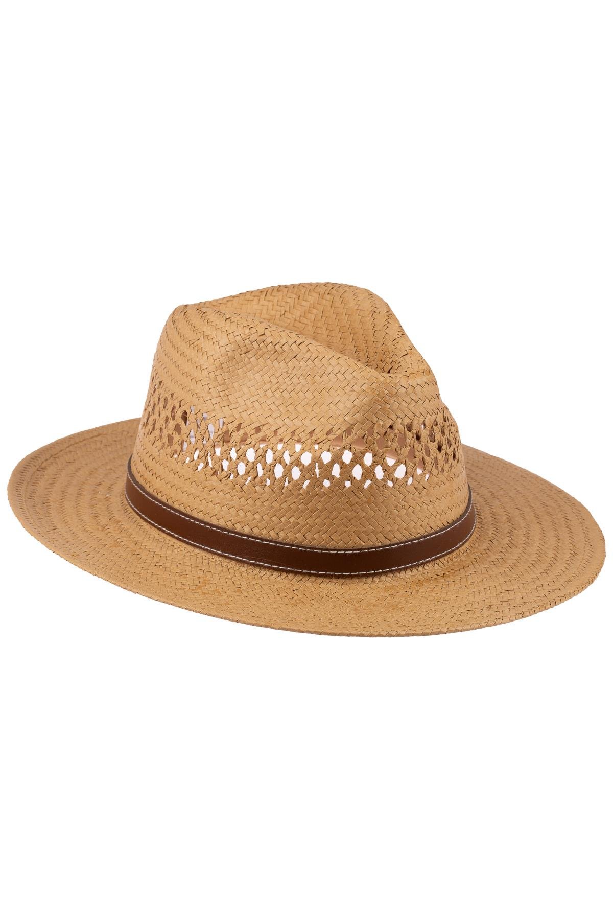 Erkek Kemer Detaylı Geniş Kenar Hasır Şapka Y25750-06 Vizon