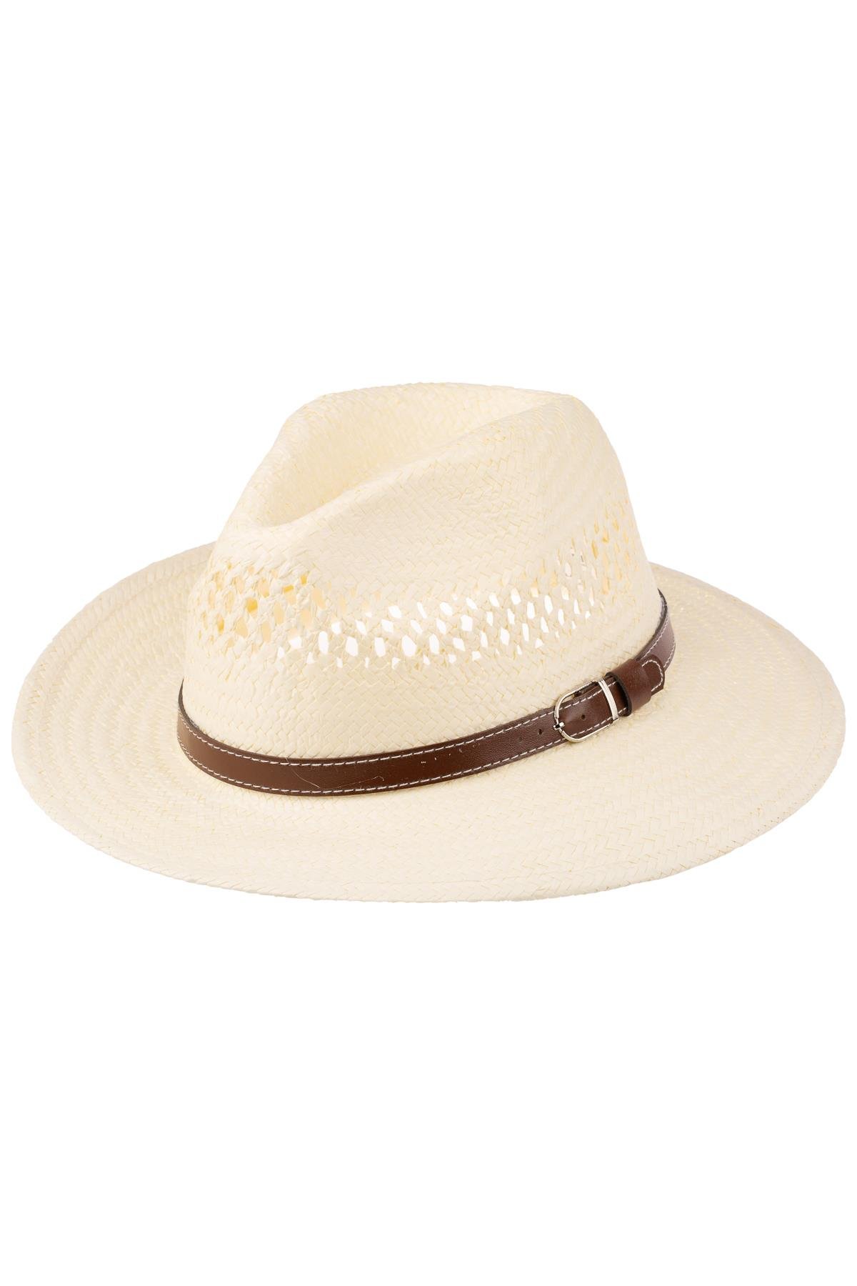 Erkek Kemer Detaylı Geniş Kenar Hasır Şapka Y25750-06 Krem