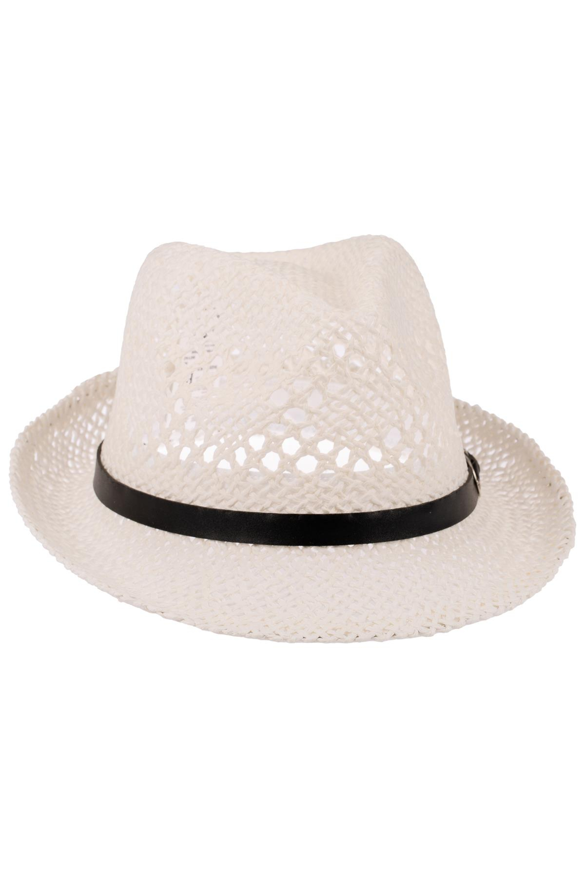 Erkek Kemer Detaylı Hasır Fötr Şapka Y24750-09 Beyaz