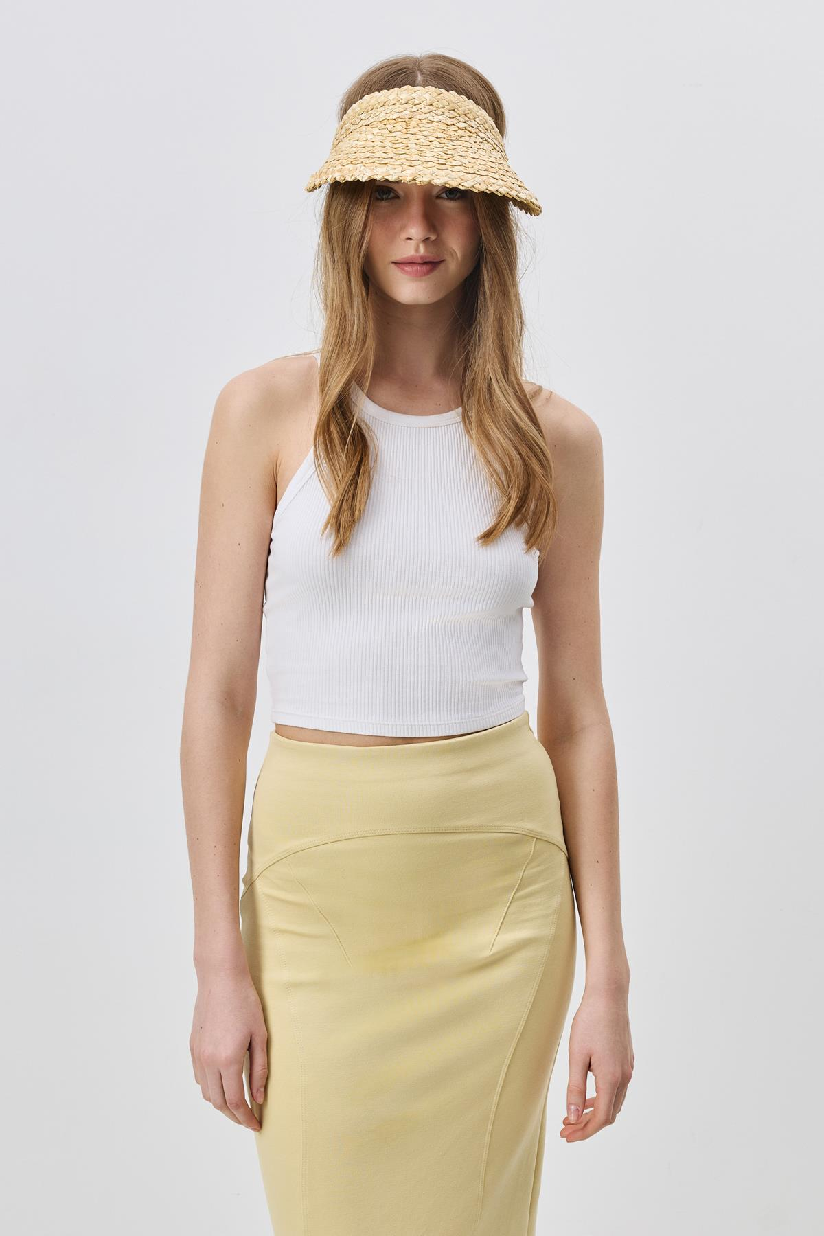 Esnek Bantlı Hasır Vizör Şapka Y8219 Bej