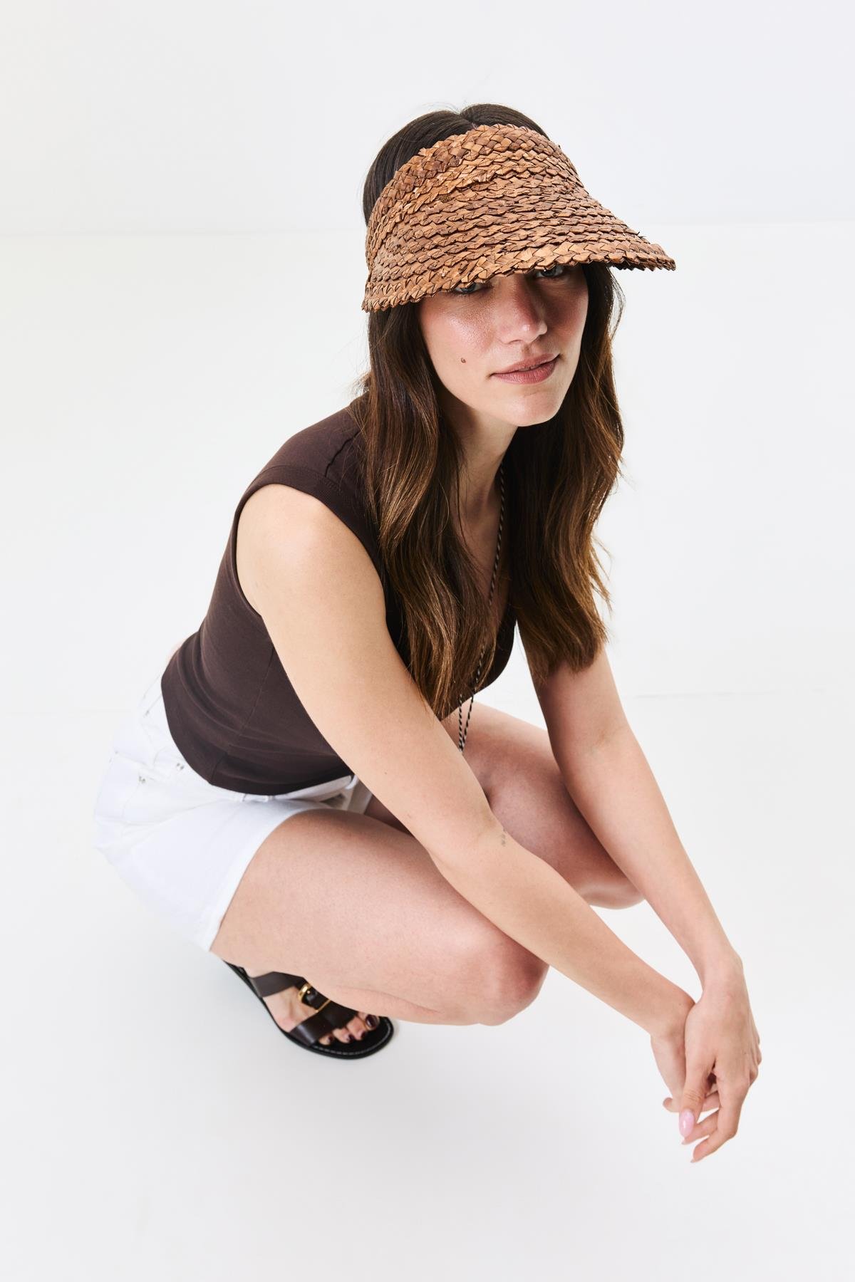 Esnek Bantlı Hasır Vizör Şapka Y8219 Kahverengi