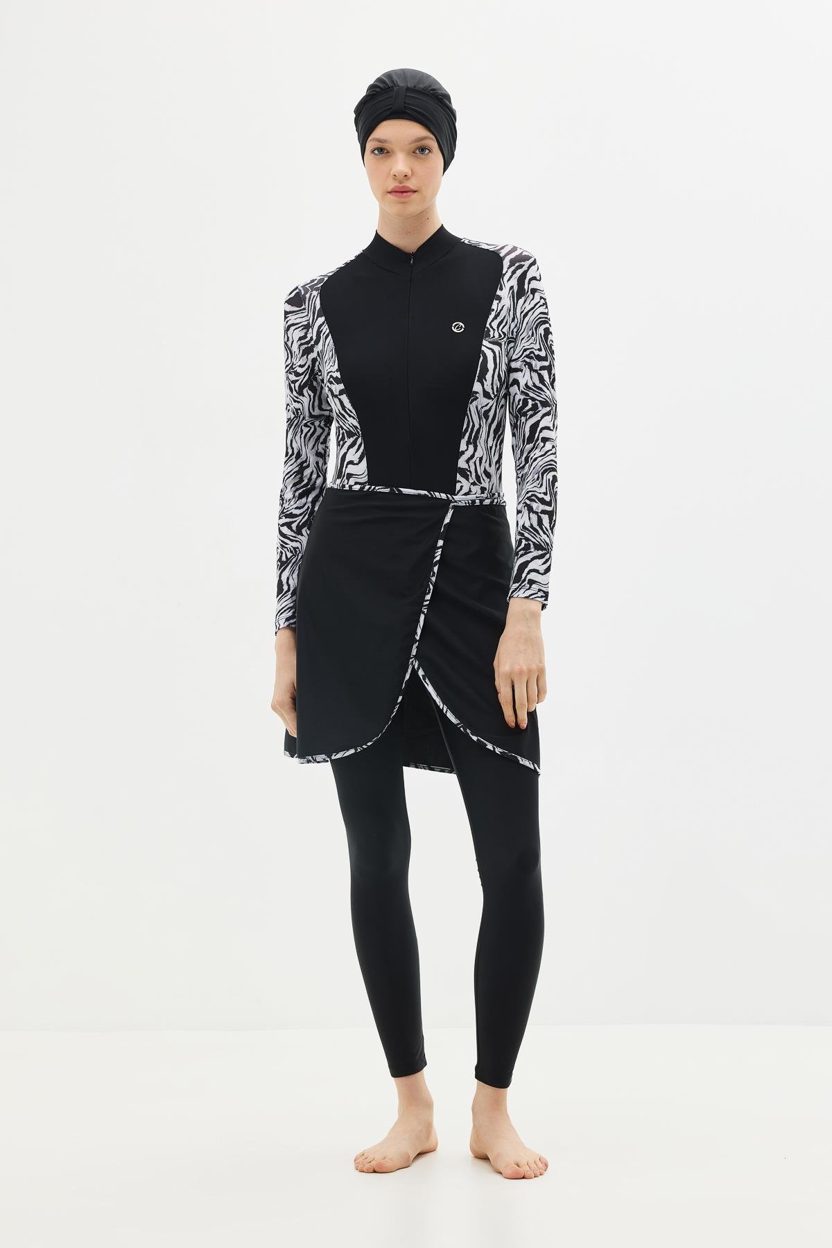 Etekli Taytlı Tam Kapalı Tesettür Mayo C13059 Zebra