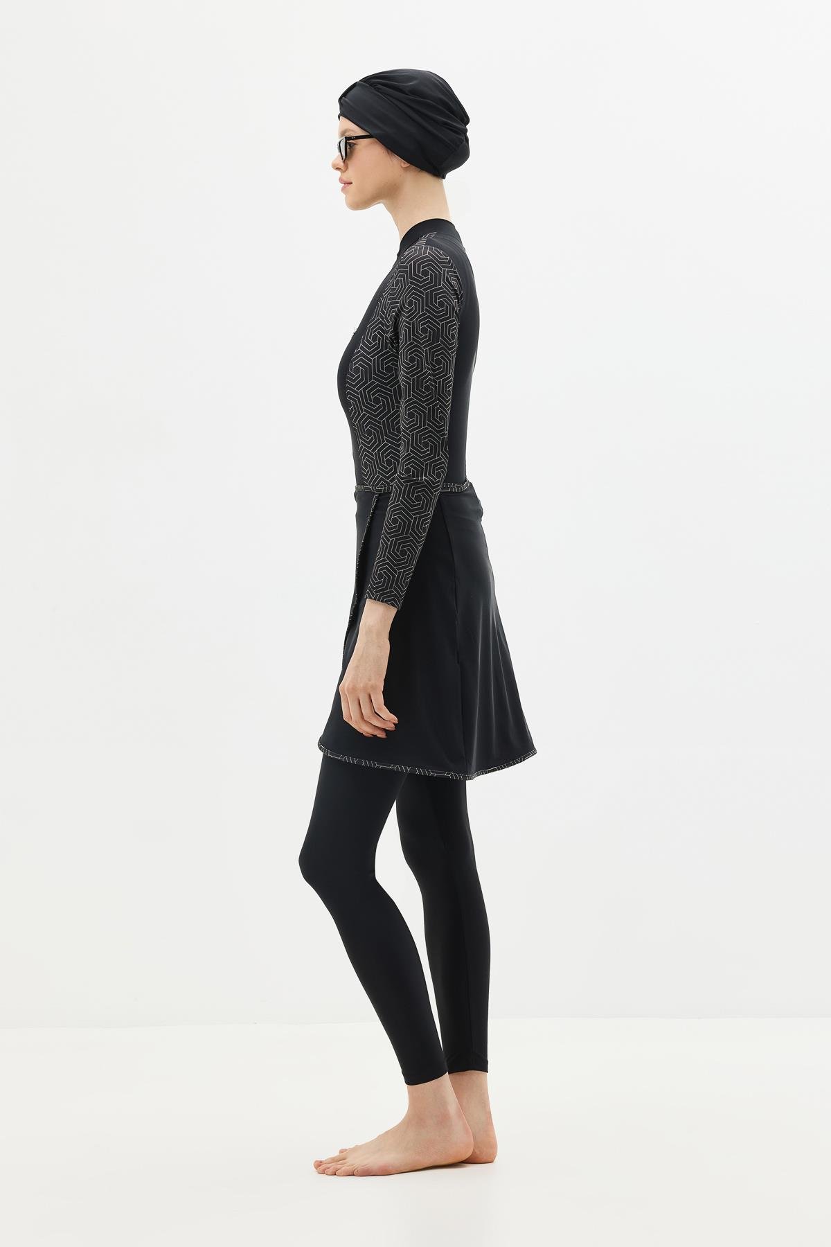 Etekli Taytlı Tam Kapalı Tesettür Mayo C13059 Siyah/Gümüş