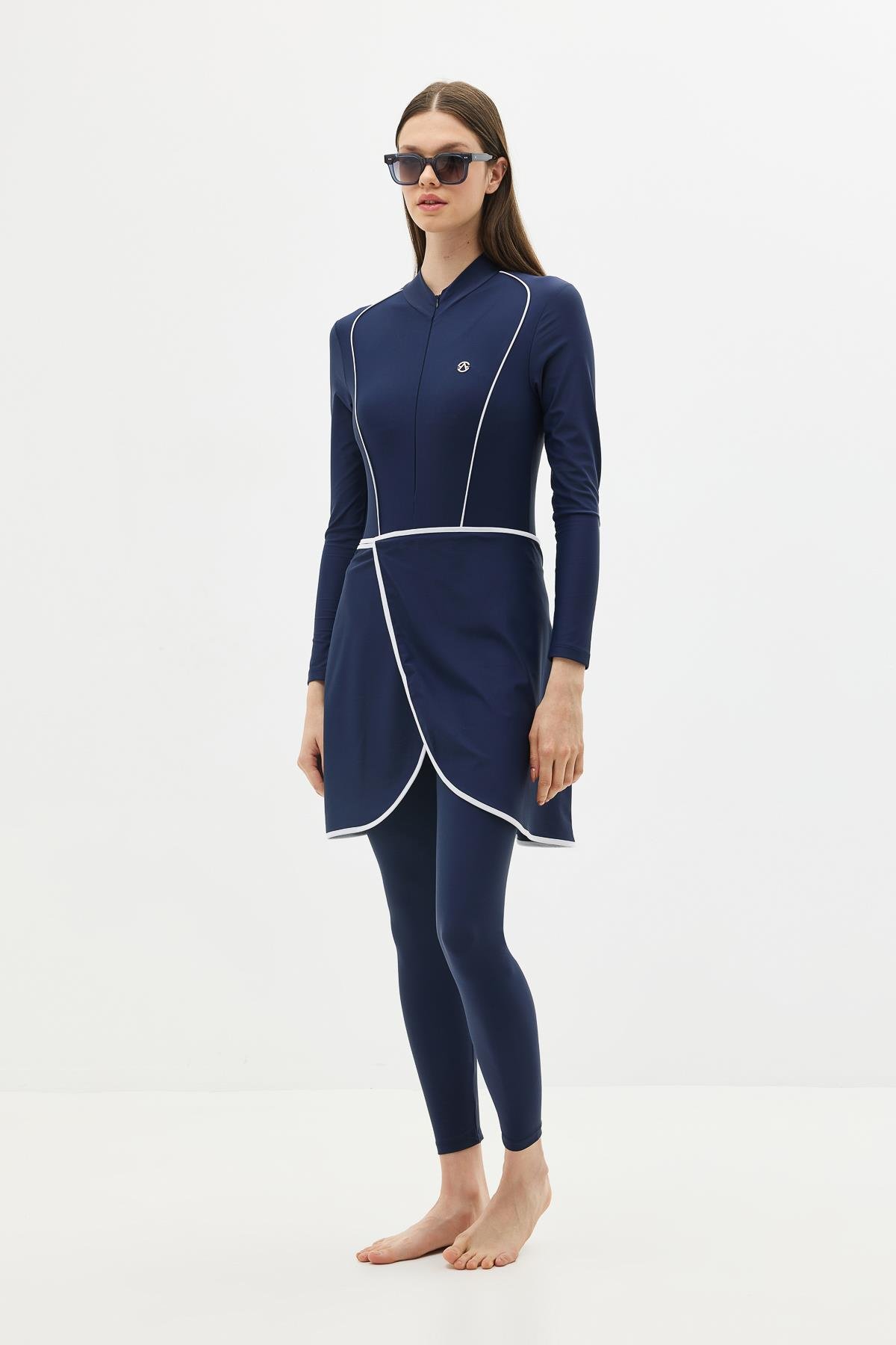 Etekli Taytlı Tam Kapalı Tesettür Mayo C13059 Lacivert/Beyaz