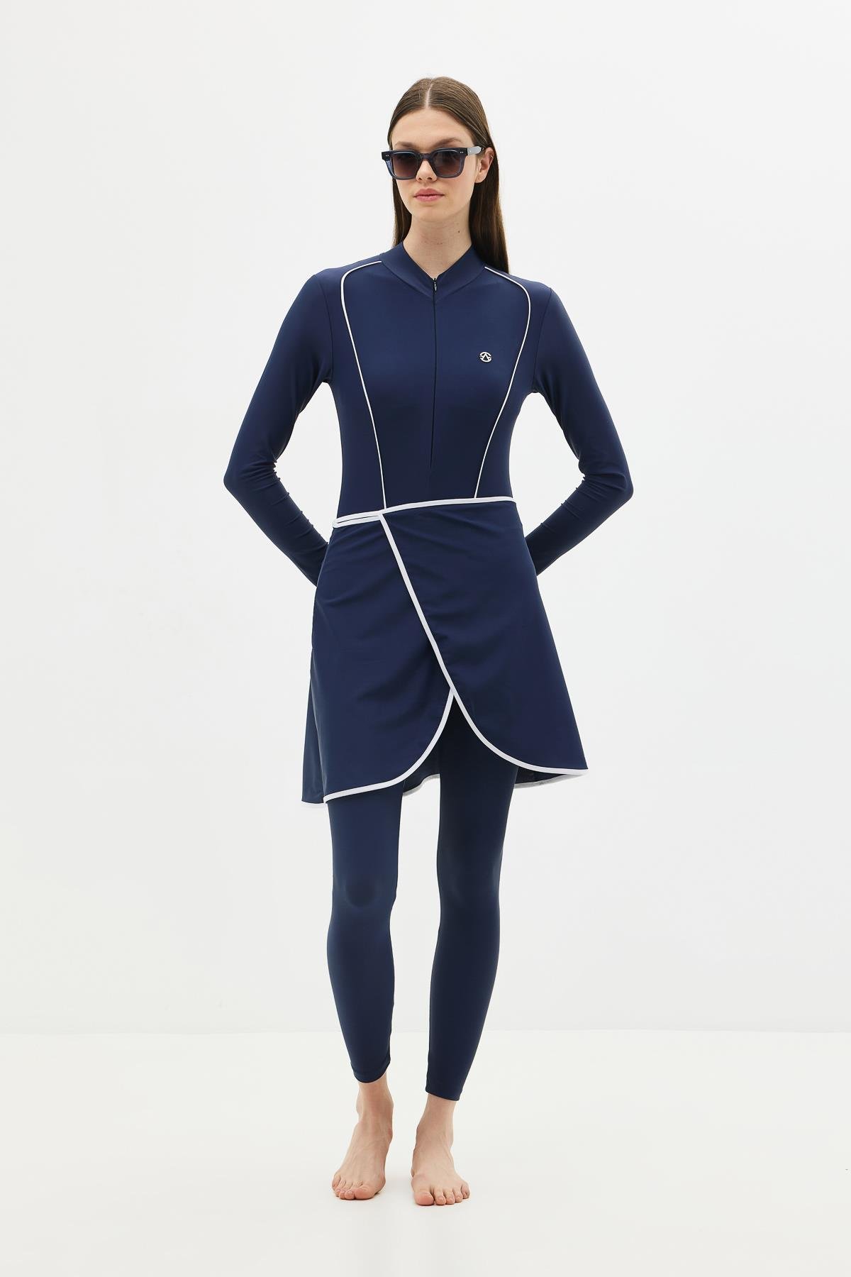 Etekli Taytlı Tam Kapalı Tesettür Mayo C13059 Lacivert/Beyaz