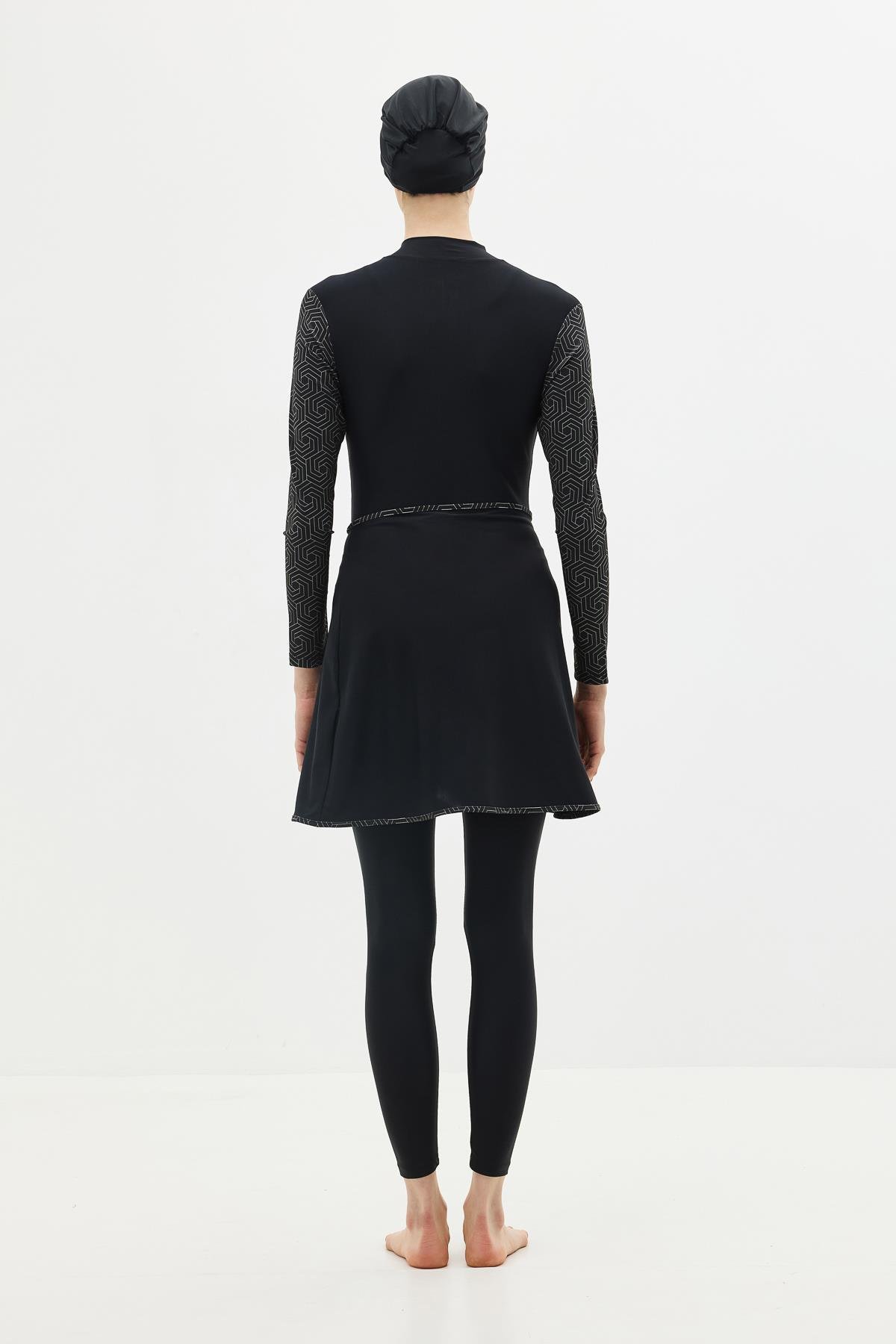 Etekli Taytlı Tam Kapalı Tesettür Mayo C13059 Siyah/Gümüş