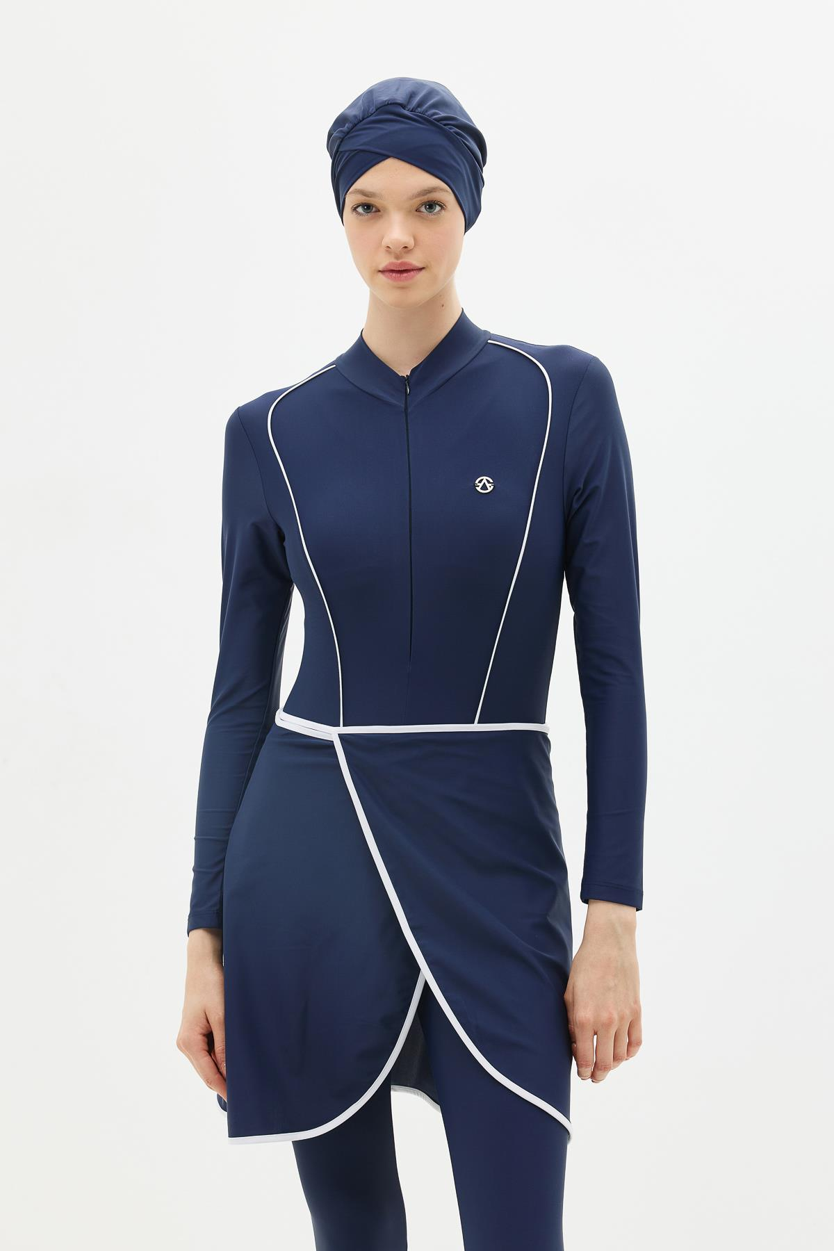 Etekli Taytlı Tam Kapalı Tesettür Mayo C13059 Lacivert/Beyaz