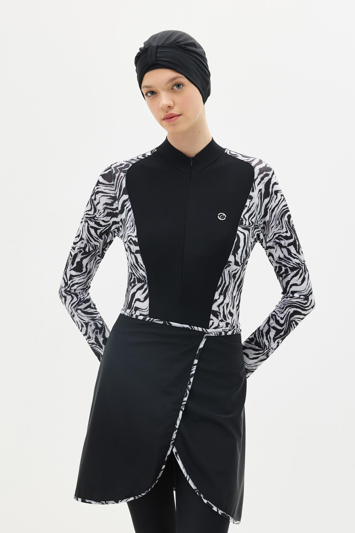 Etekli Taytlı Tam Kapalı Tesettür Mayo C13059 Zebra