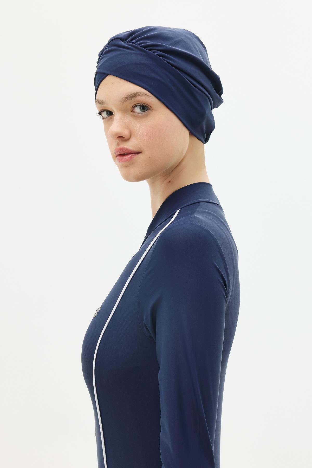 Etekli Taytlı Tam Kapalı Tesettür Mayo C13059 Lacivert/Beyaz