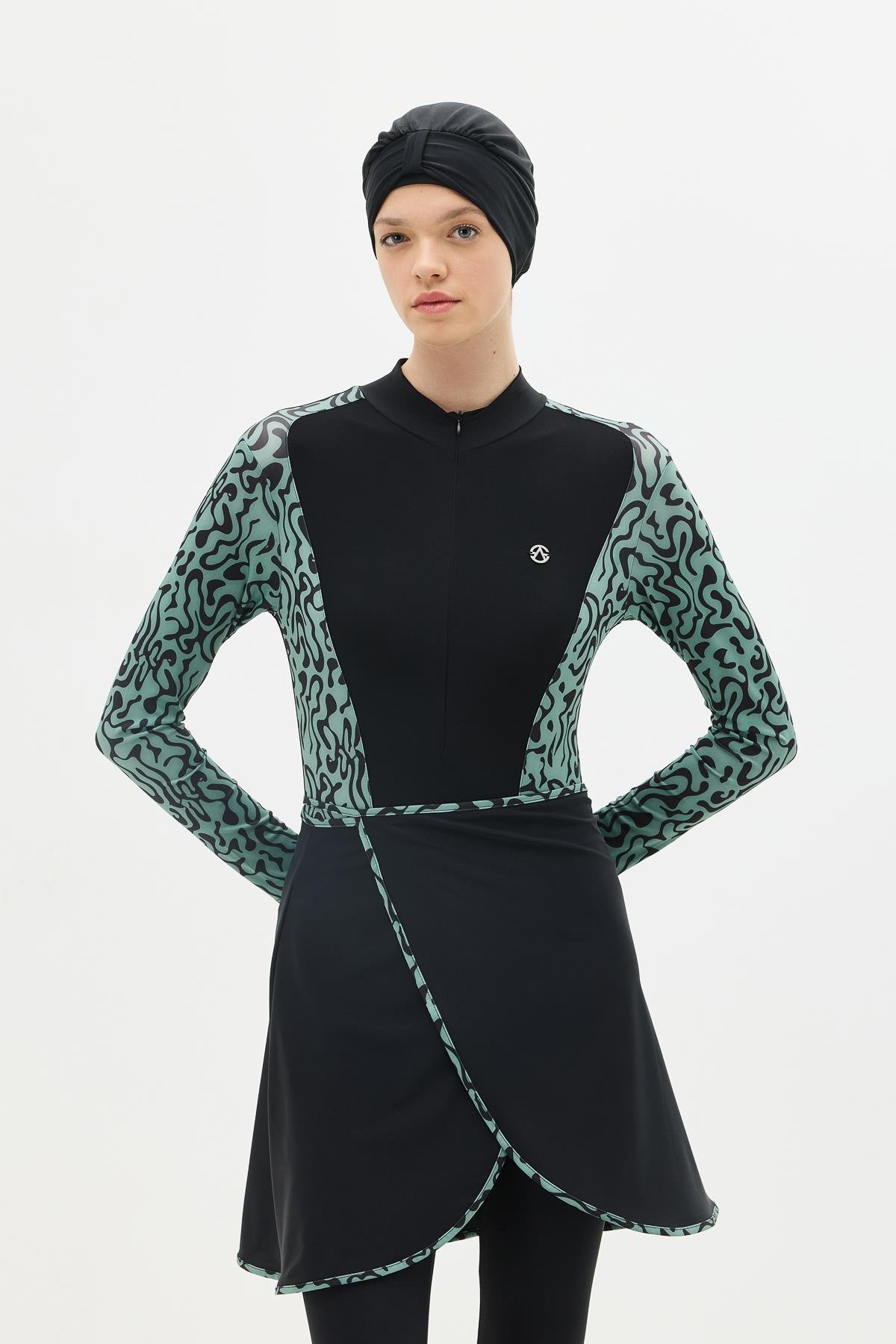 Etekli Taytlı Tam Kapalı Tesettür Mayo C13059 Yeşil/Siyah