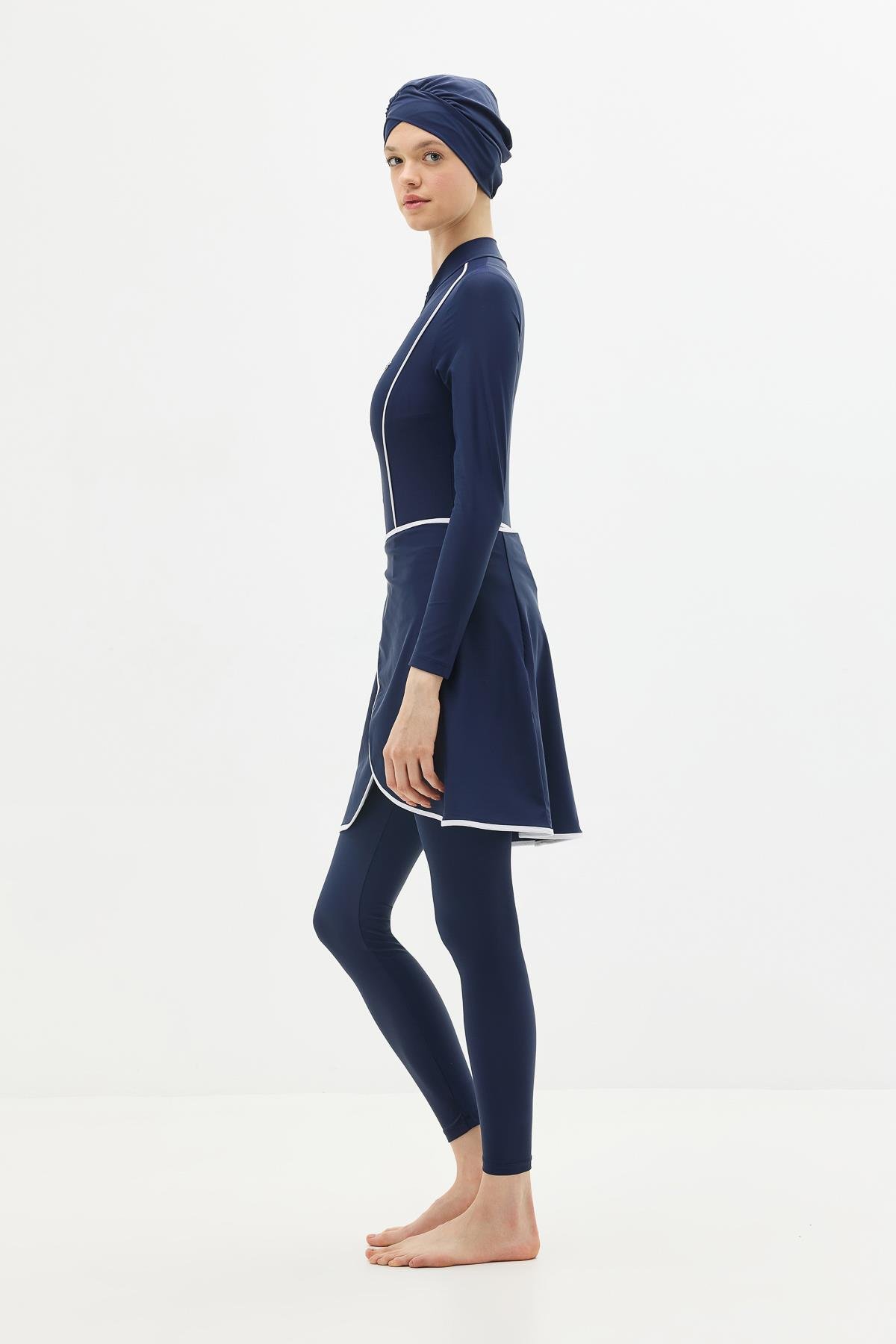 Etekli Taytlı Tam Kapalı Tesettür Mayo C13059 Lacivert/Beyaz