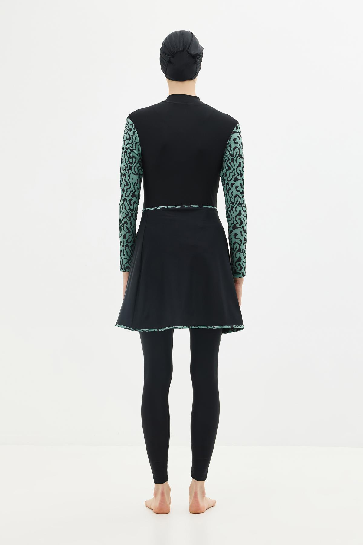 Etekli Taytlı Tam Kapalı Tesettür Mayo C13059 Yeşil/Siyah