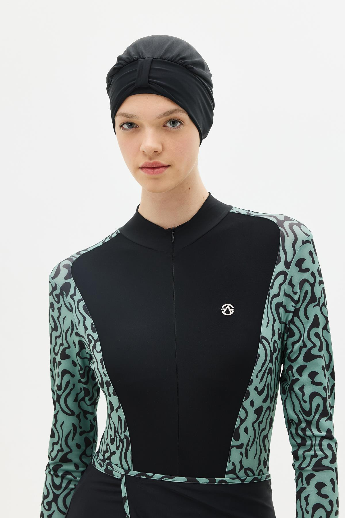 Etekli Taytlı Tam Kapalı Tesettür Mayo C13059 Yeşil/Siyah