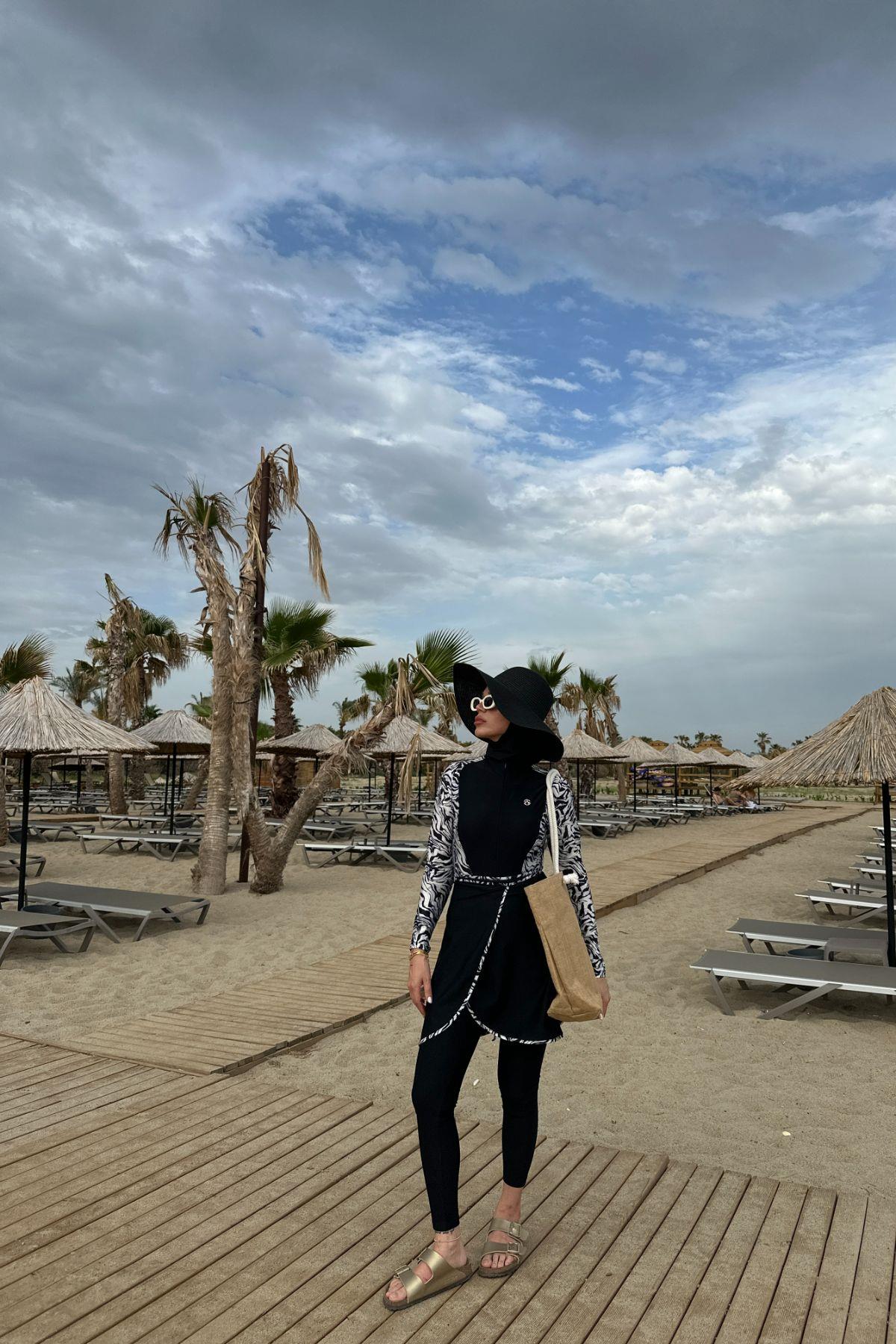 Etekli Taytlı Tam Kapalı Tesettür Mayo C13059 Zebra