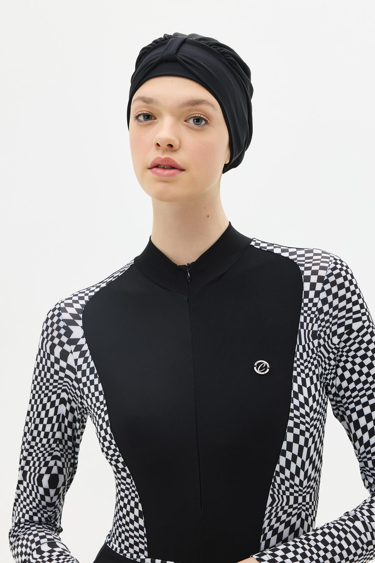 Etekli Taytlı Tam Kapalı Tesettür Mayo C13059 Damalı