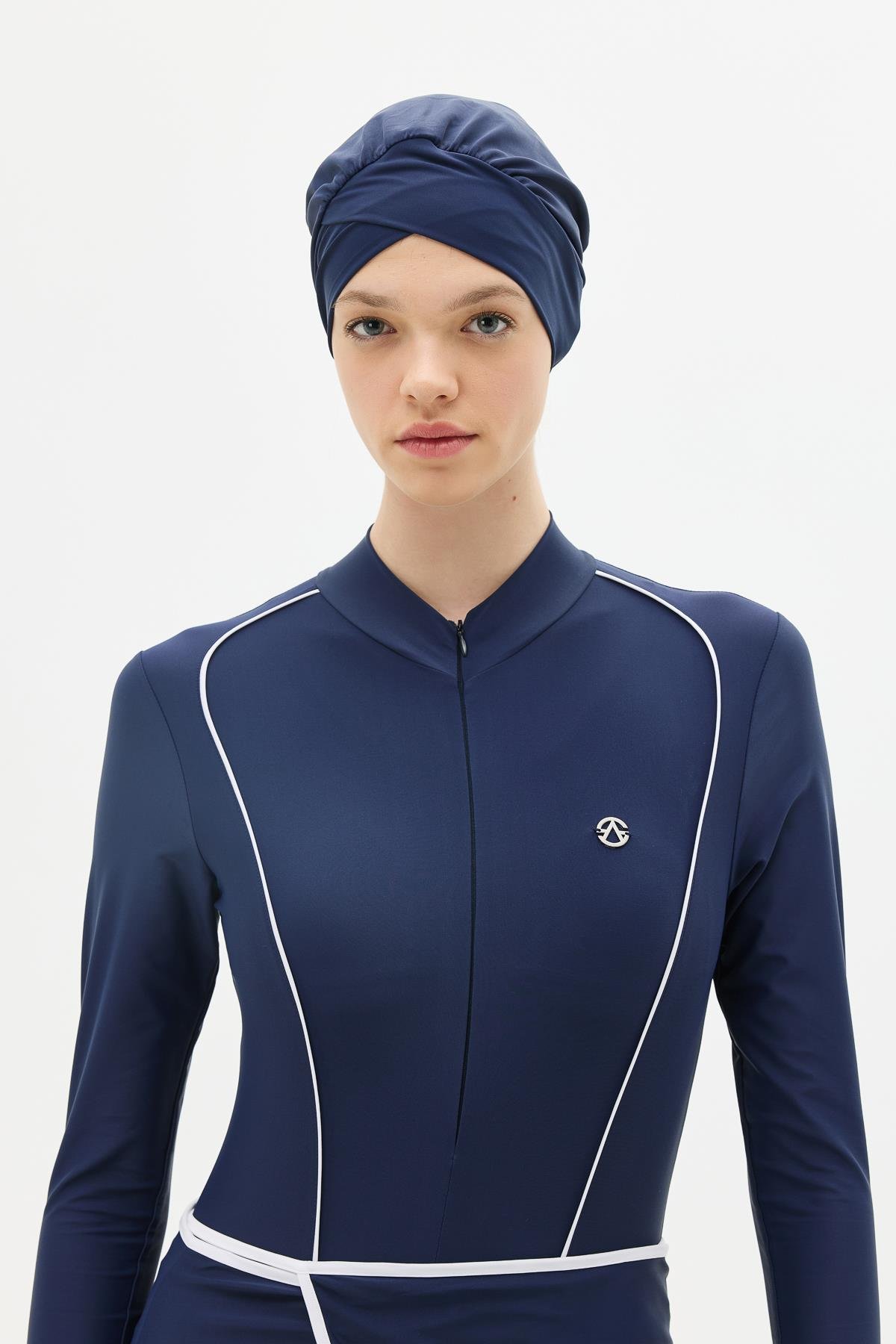 Etekli Taytlı Tam Kapalı Tesettür Mayo C13059 Lacivert/Beyaz