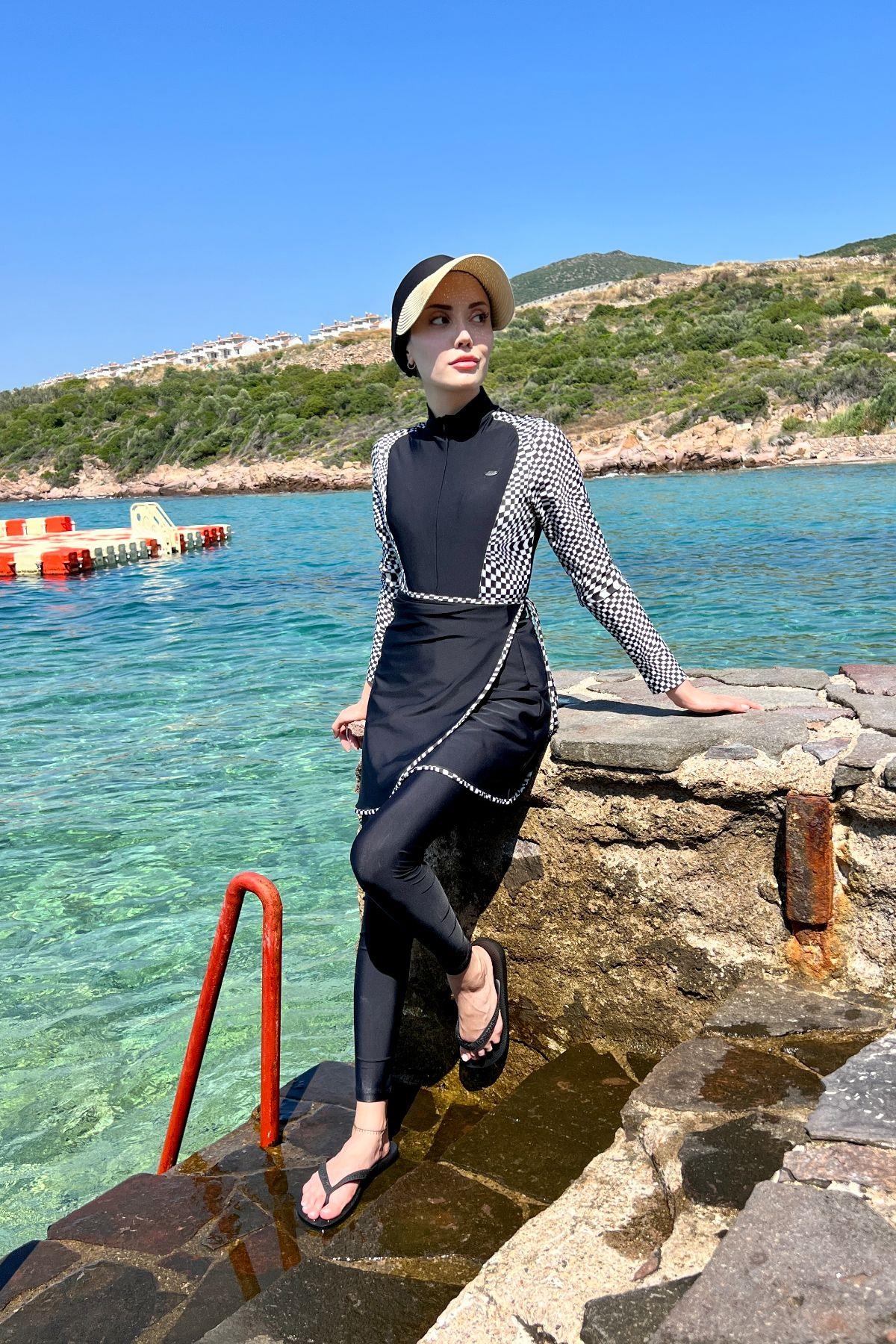 Etekli Taytlı Tam Kapalı Tesettür Mayo C13059 Damalı