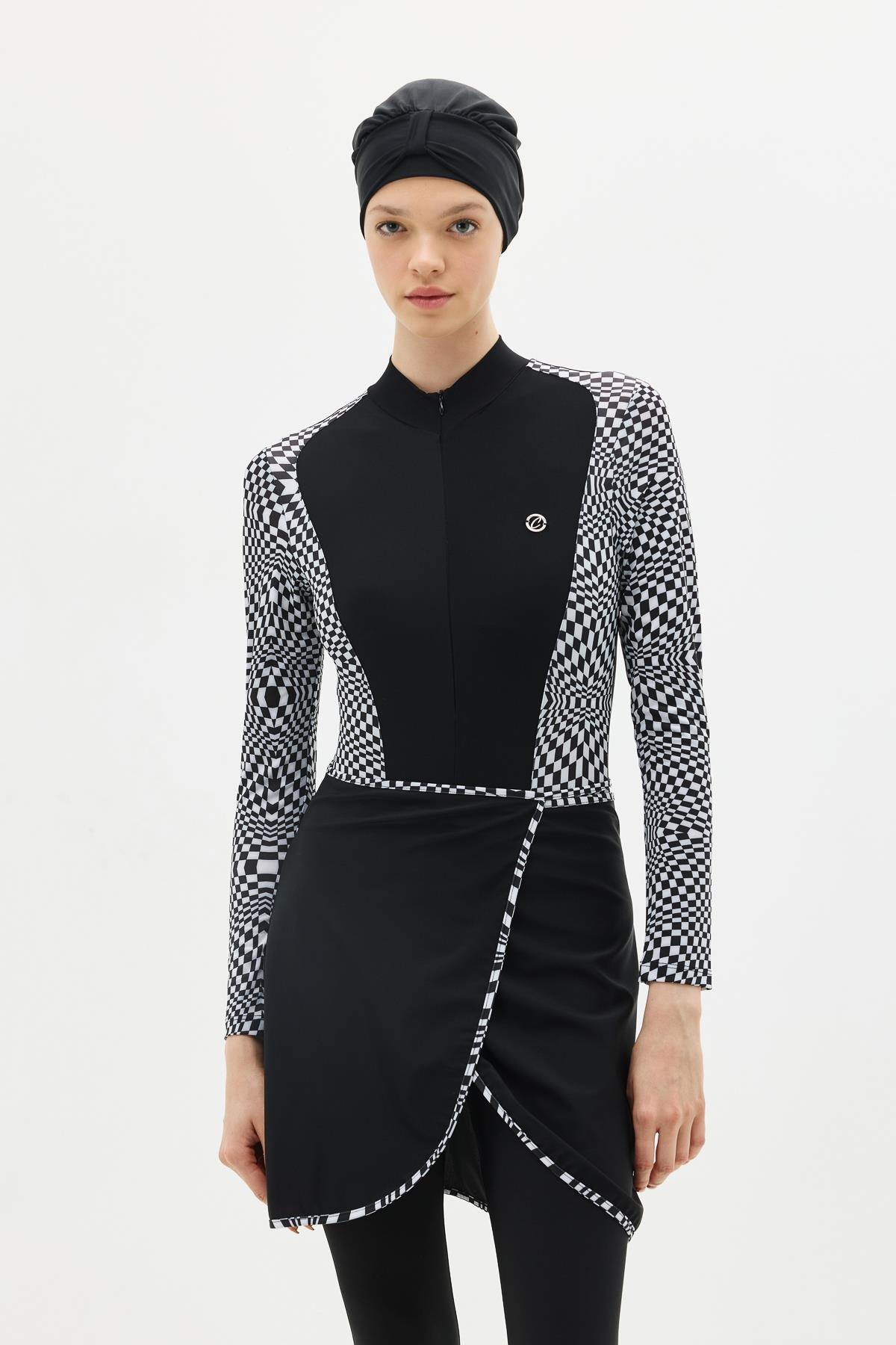 Etekli Taytlı Tam Kapalı Tesettür Mayo C13059 Damalı