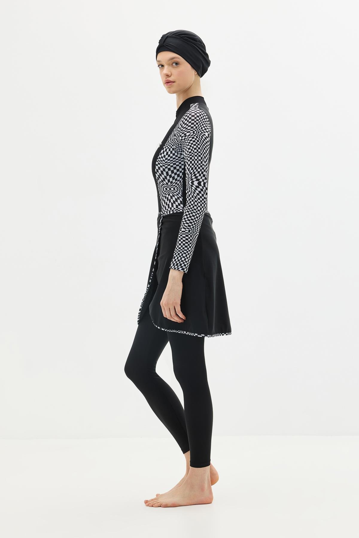 Etekli Taytlı Tam Kapalı Tesettür Mayo C13059 Damalı