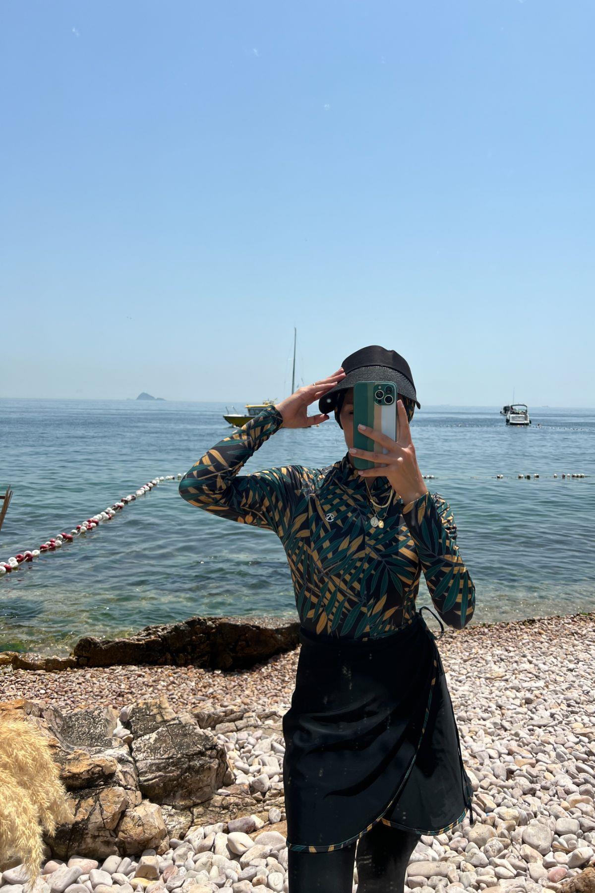 Etekli Taytlı Tam Kapalı Tesettür Mayo C13059 Yeşil