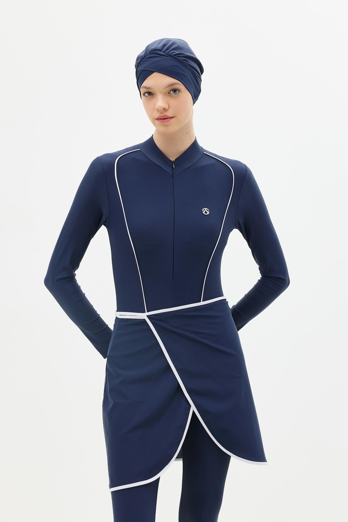 Etekli Taytlı Tam Kapalı Tesettür Mayo C13059 Lacivert/Beyaz