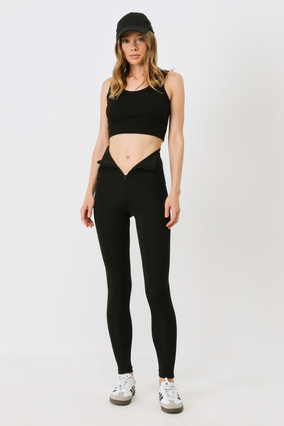 Fermuarlı Yüksek Bel Uzun Spor Tayt 9415 Siyah
