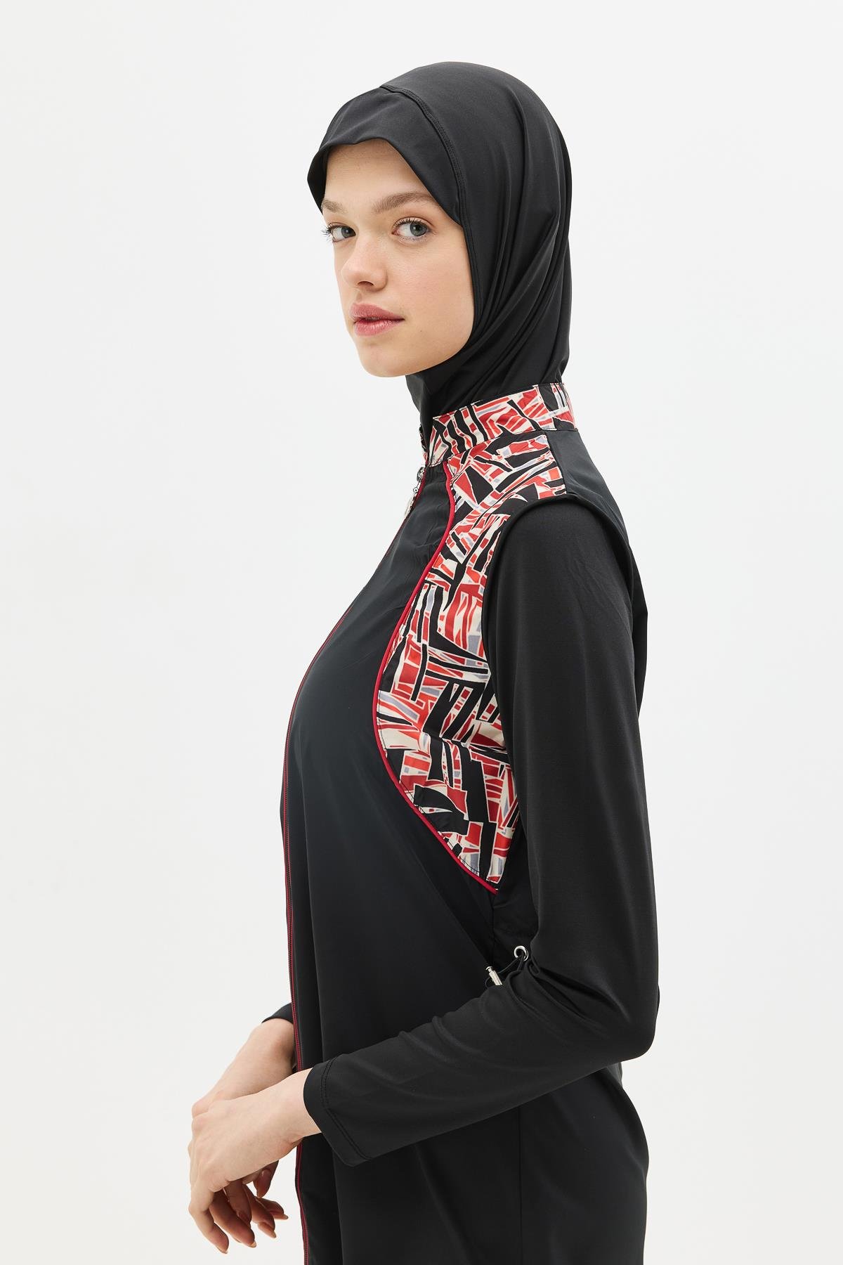 Fermuarlu 4’lü Tesettür Mayo 6041 Kırmızı/Siyah