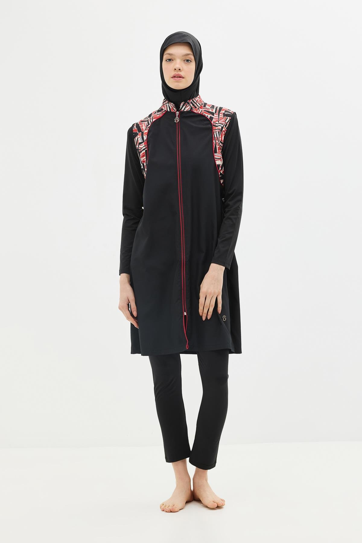 Fermuarlu 4’lü Tesettür Mayo 6041 Kırmızı/Siyah