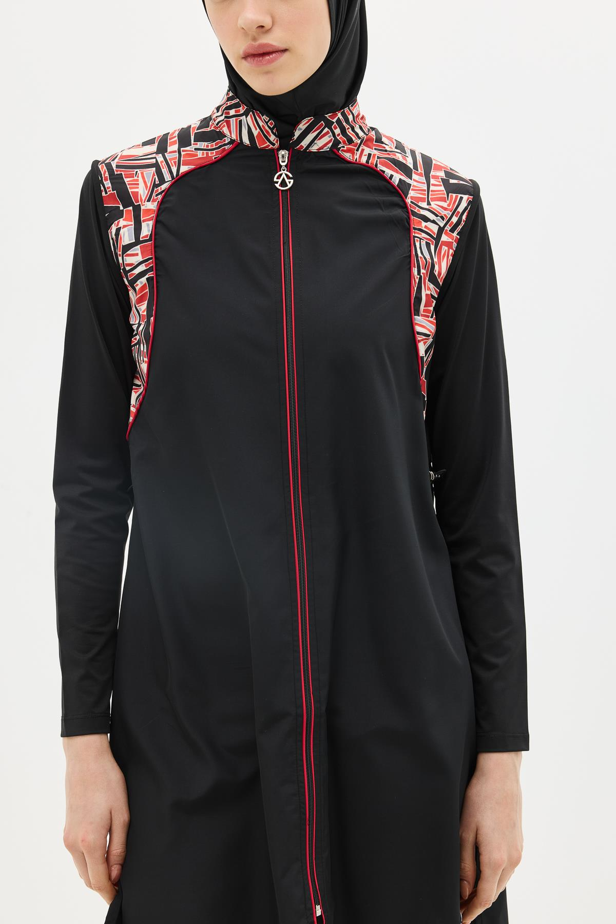 Fermuarlu 4’lü Tesettür Mayo 6041 Kırmızı/Siyah