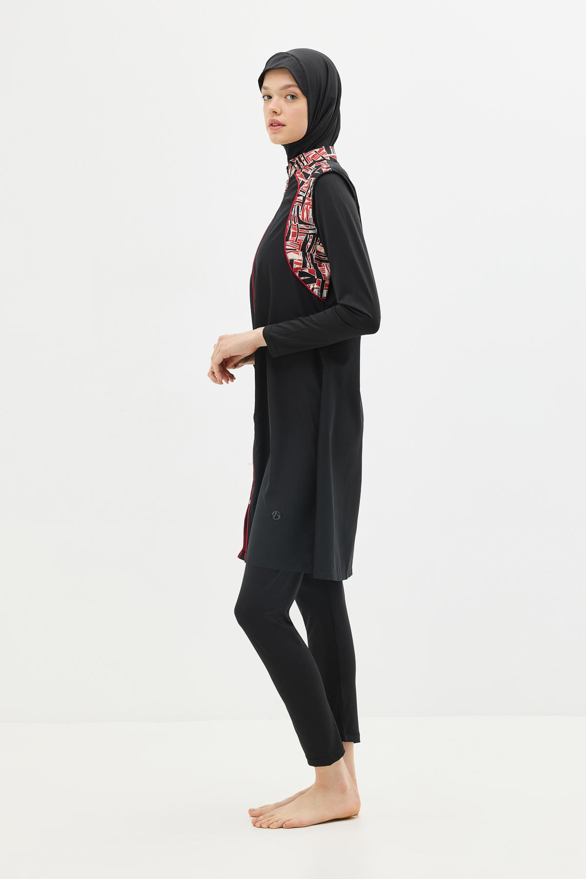 Fermuarlu 4’lü Tesettür Mayo 6041 Kırmızı/Siyah