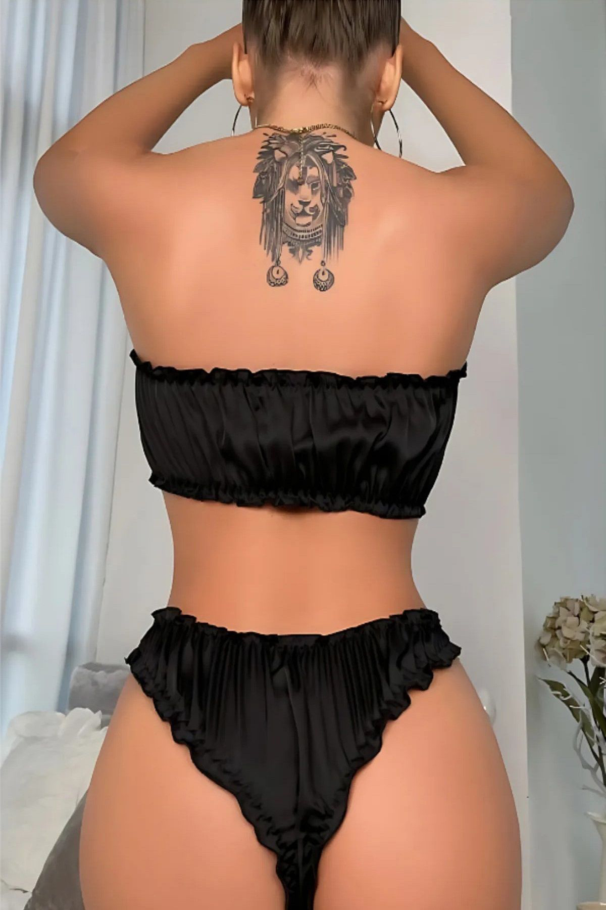 Fırfır Detaylı Straplez Takım Siyah