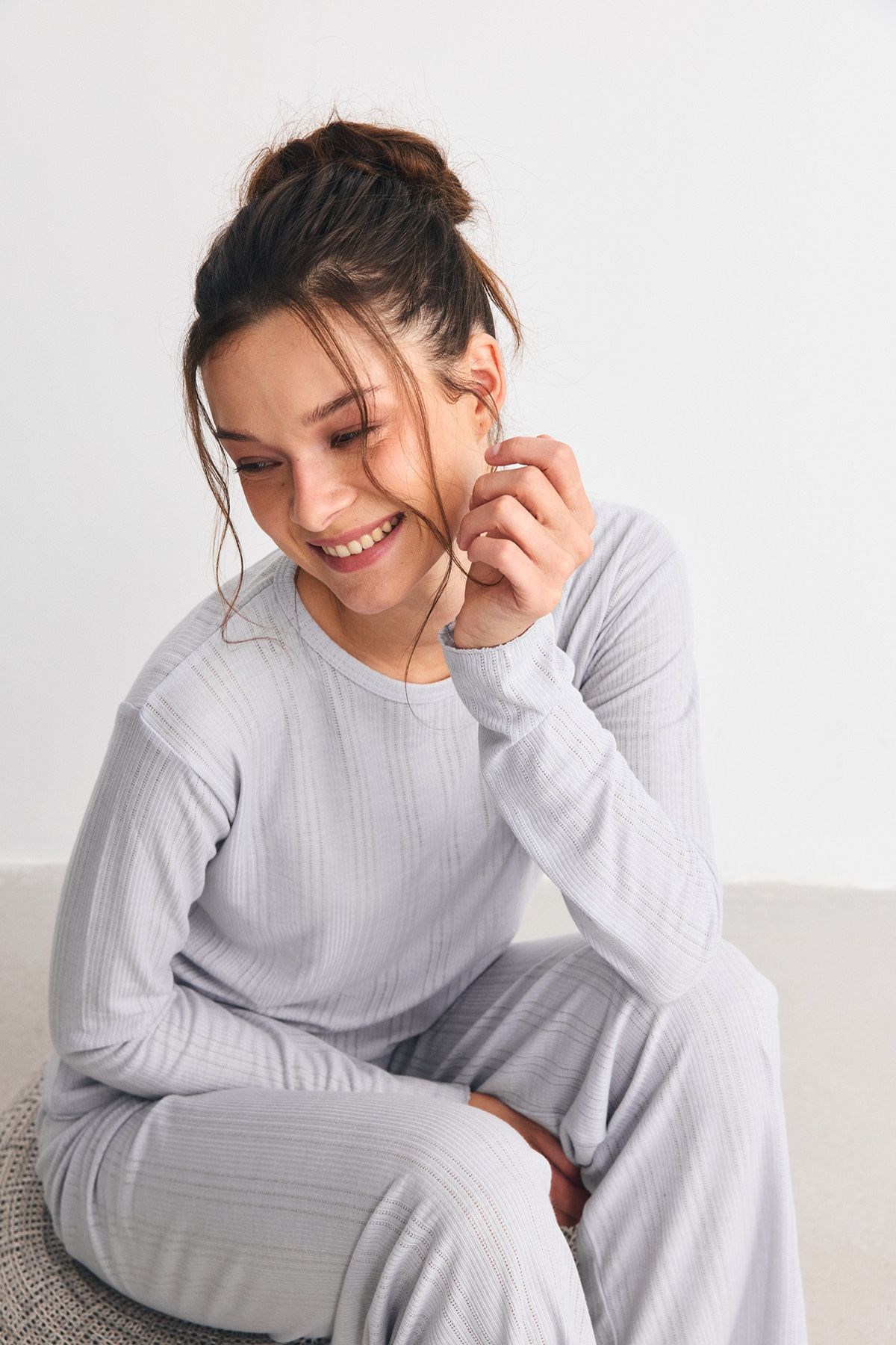 Fitilli Dokulu Yumuşak Pijama Takımı Lila