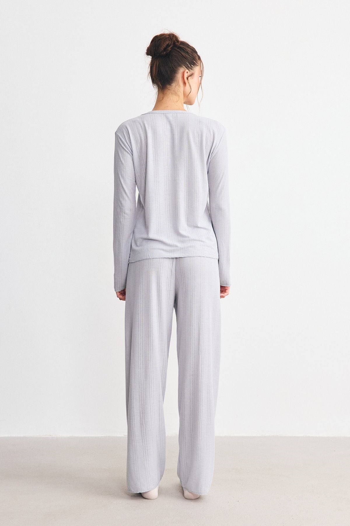 Fitilli Dokulu Yumuşak Pijama Takımı Lila