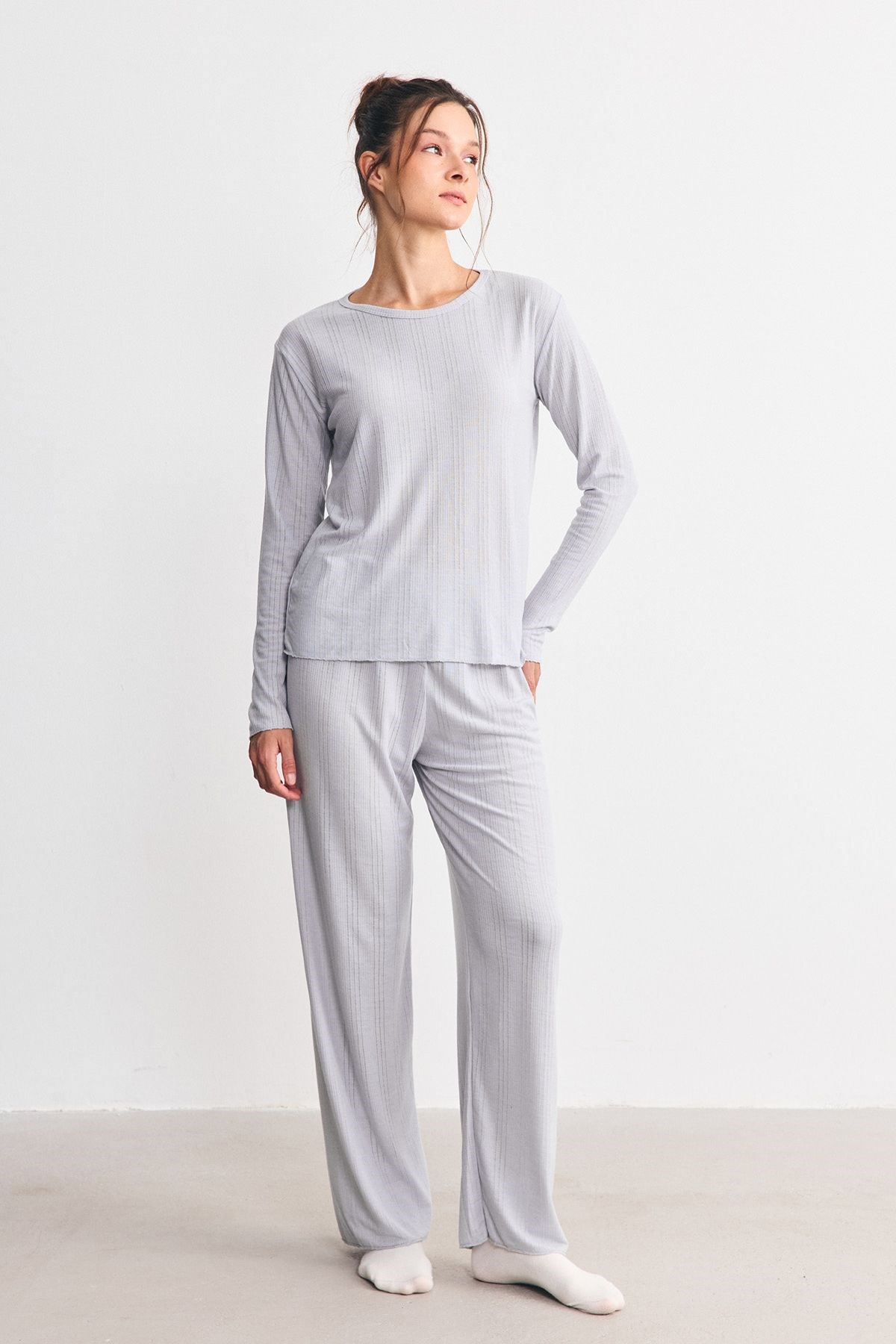 Fitilli Dokulu Yumuşak Pijama Takımı Lila