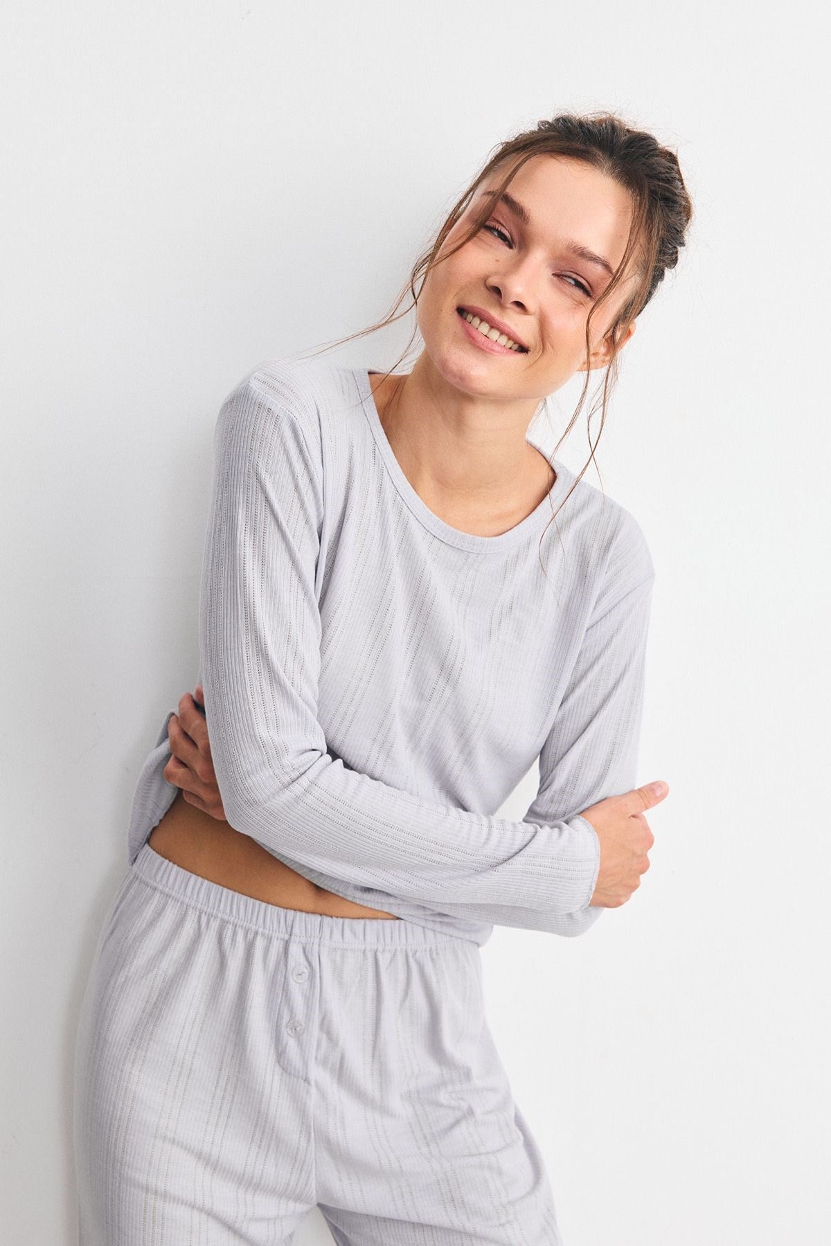 Fitilli Dokulu Yumuşak Pijama Takımı Lila