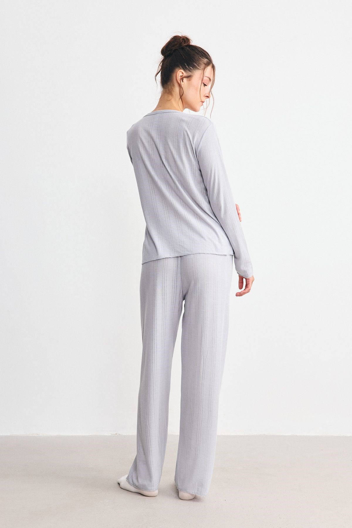 Fitilli Dokulu Yumuşak Pijama Takımı Lila