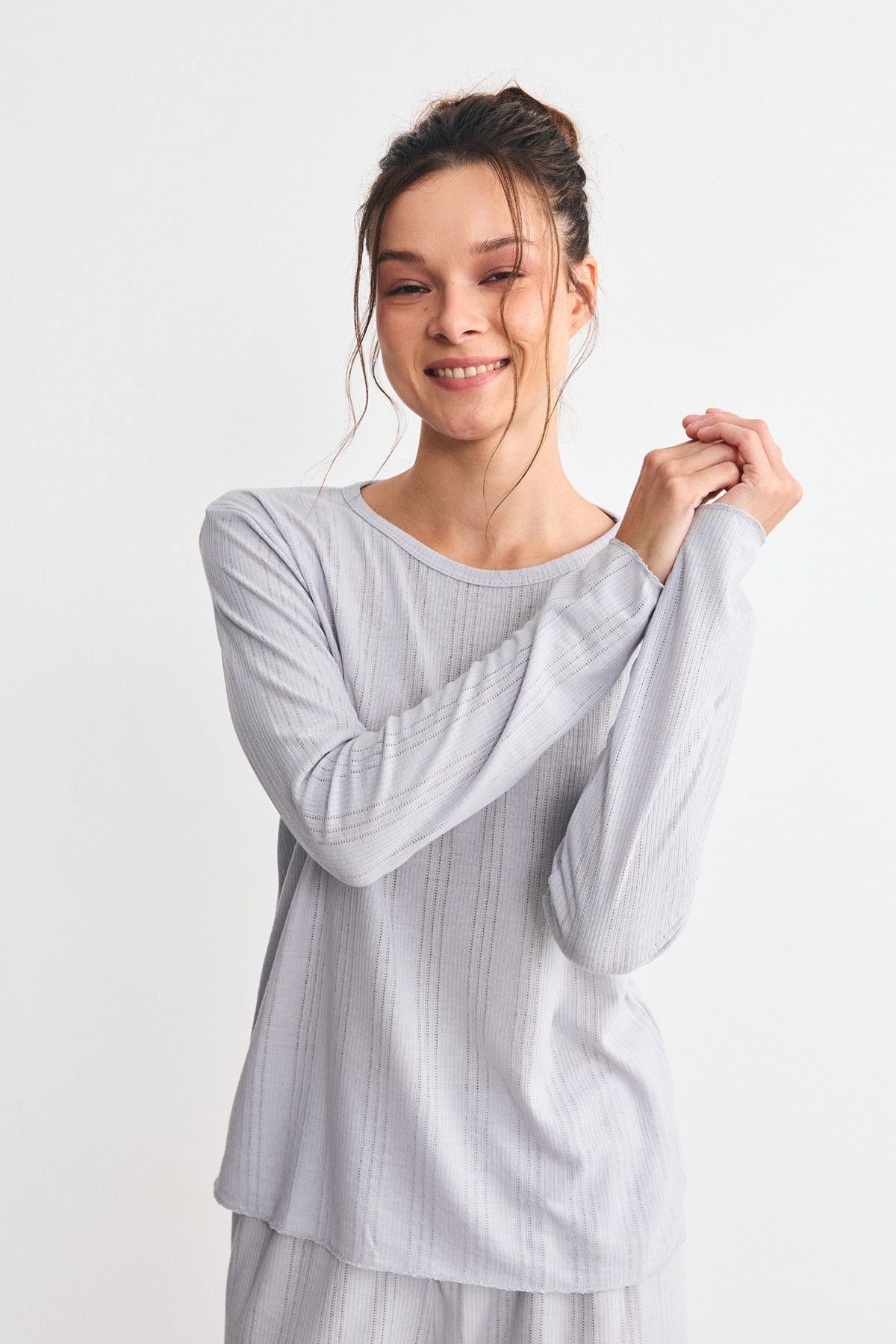 Fitilli Dokulu Yumuşak Pijama Takımı Lila