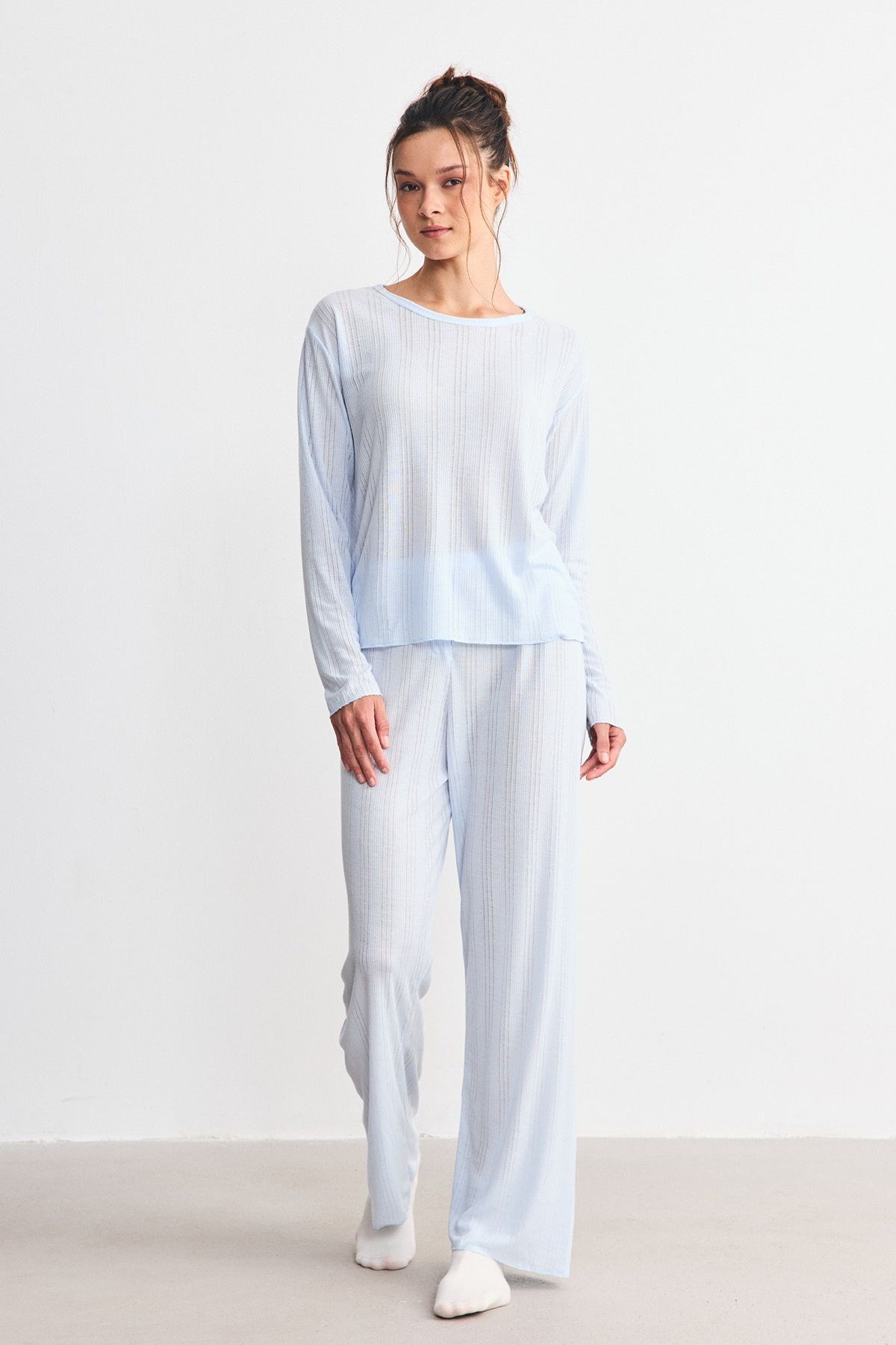Fitilli Dokulu Yumuşak Pijama Takımı Mavi