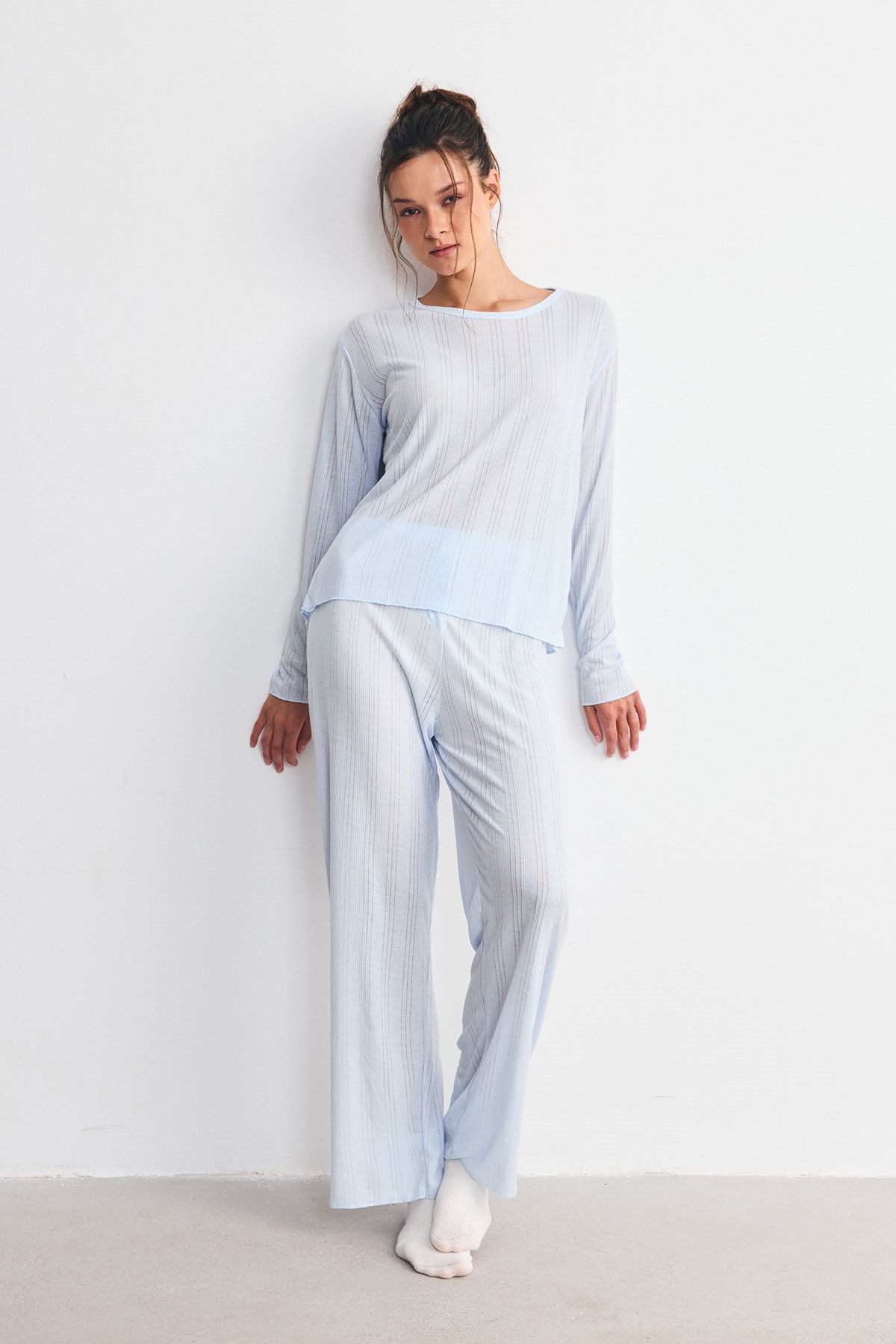 Fitilli Dokulu Yumuşak Pijama Takımı Mavi