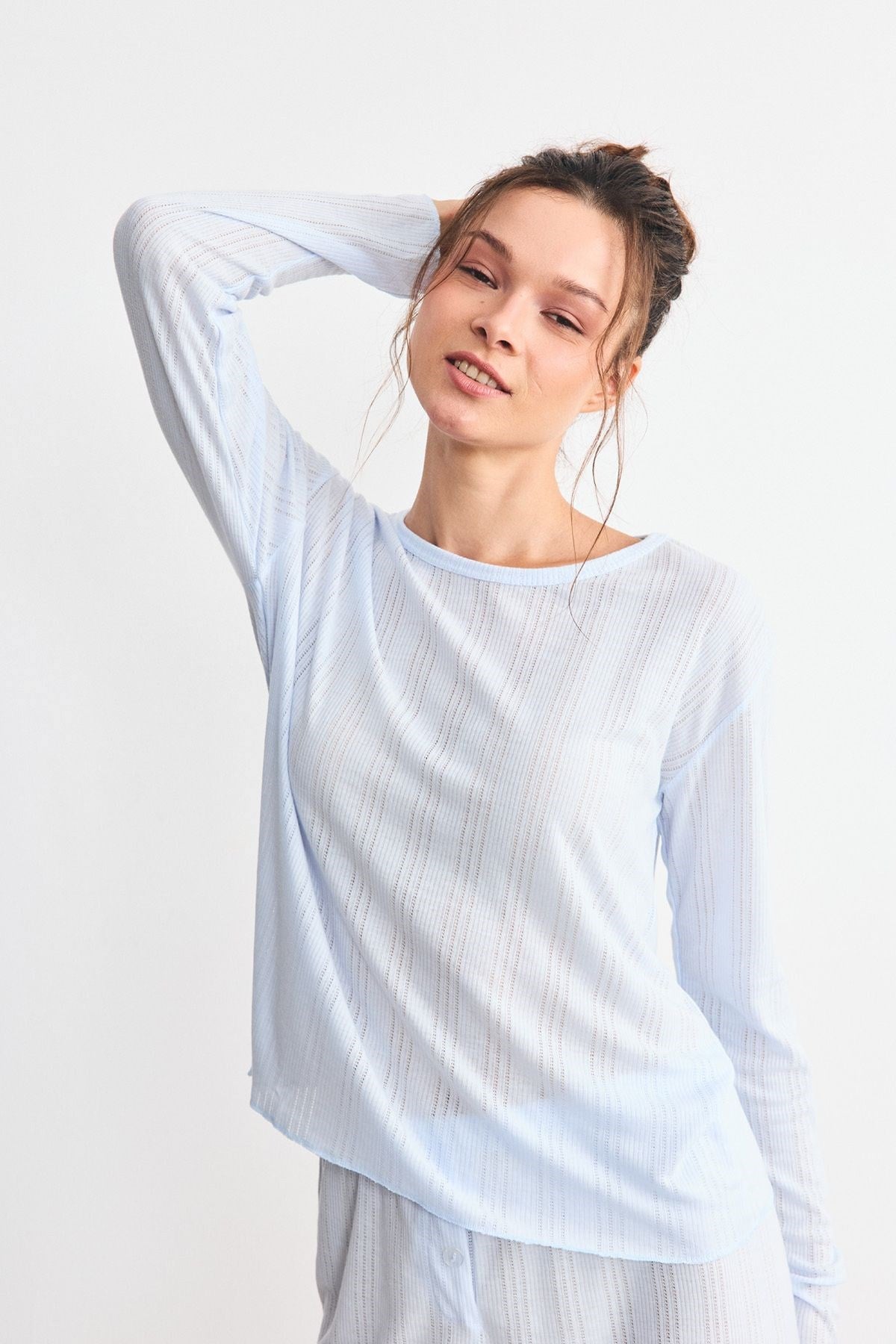 Fitilli Dokulu Yumuşak Pijama Takımı Mavi