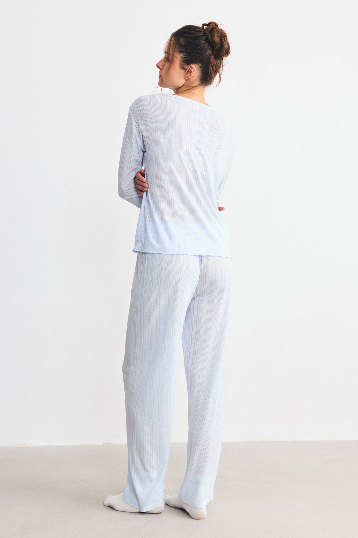 Fitilli Dokulu Yumuşak Pijama Takımı Mavi