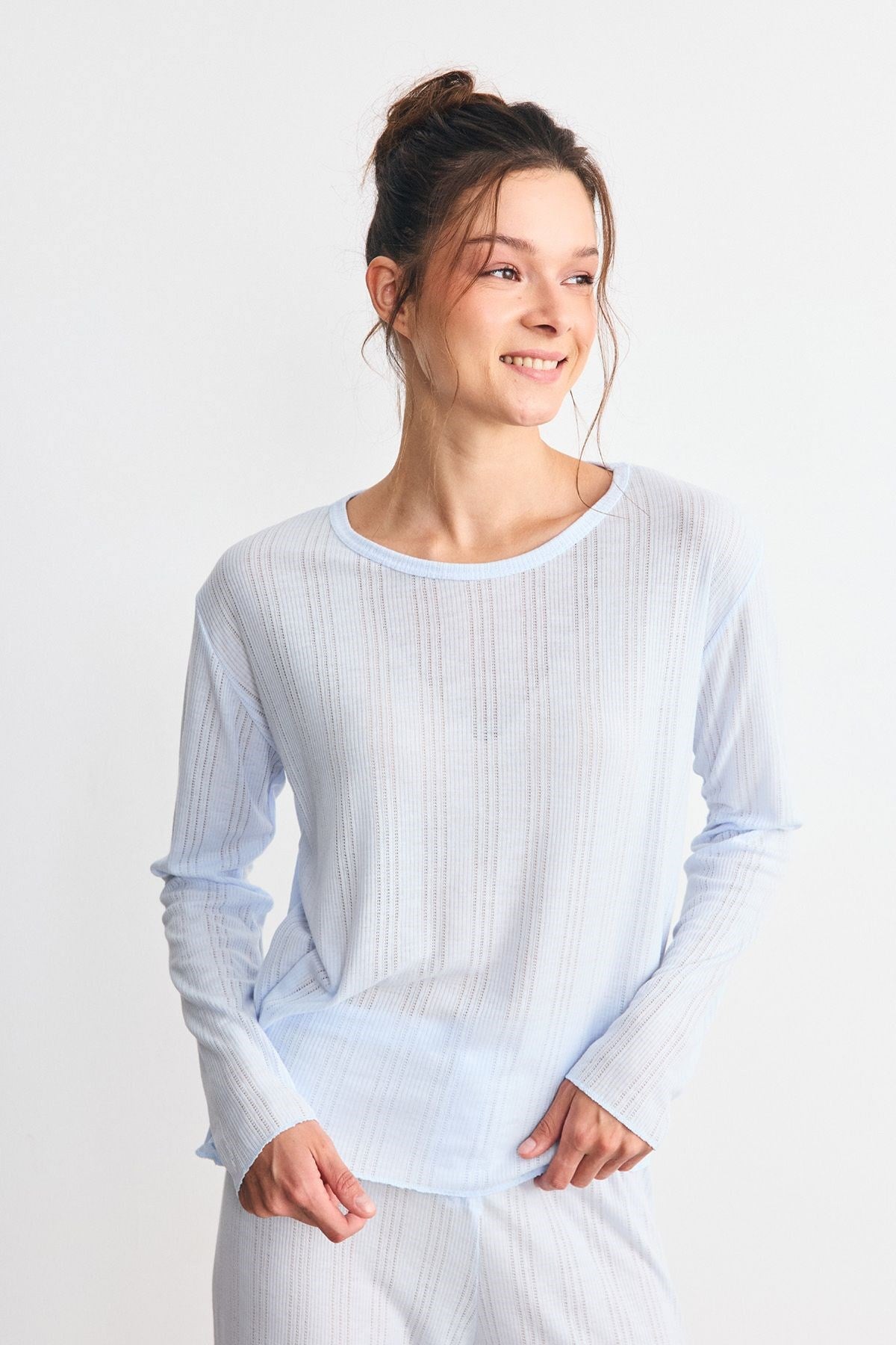 Fitilli Dokulu Yumuşak Pijama Takımı Mavi