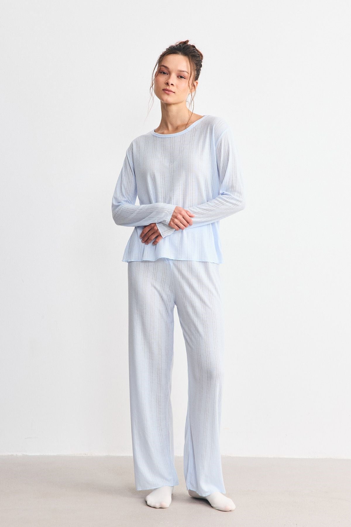 Fitilli Dokulu Yumuşak Pijama Takımı Mavi