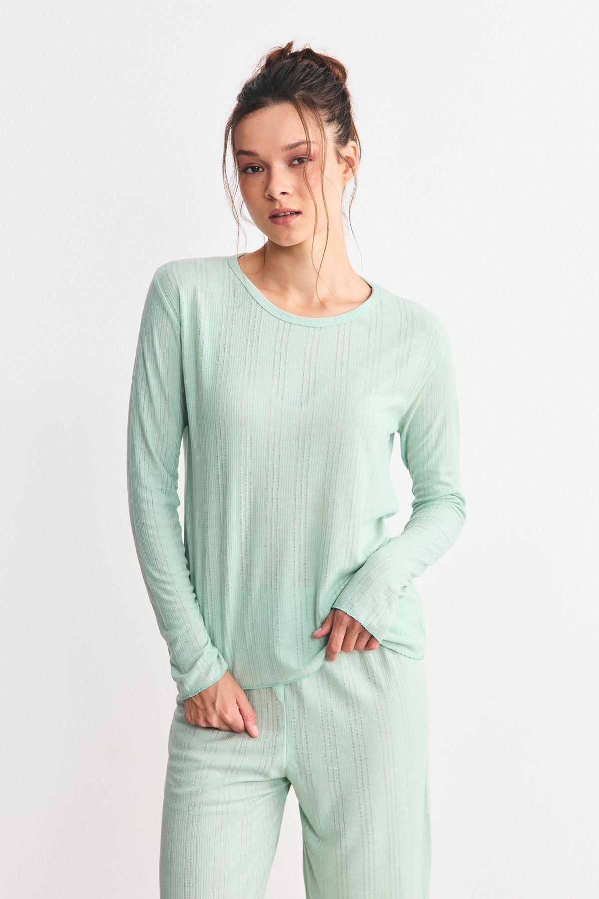 Fitilli Dokulu Yumuşak Pijama Takımı Yeşil