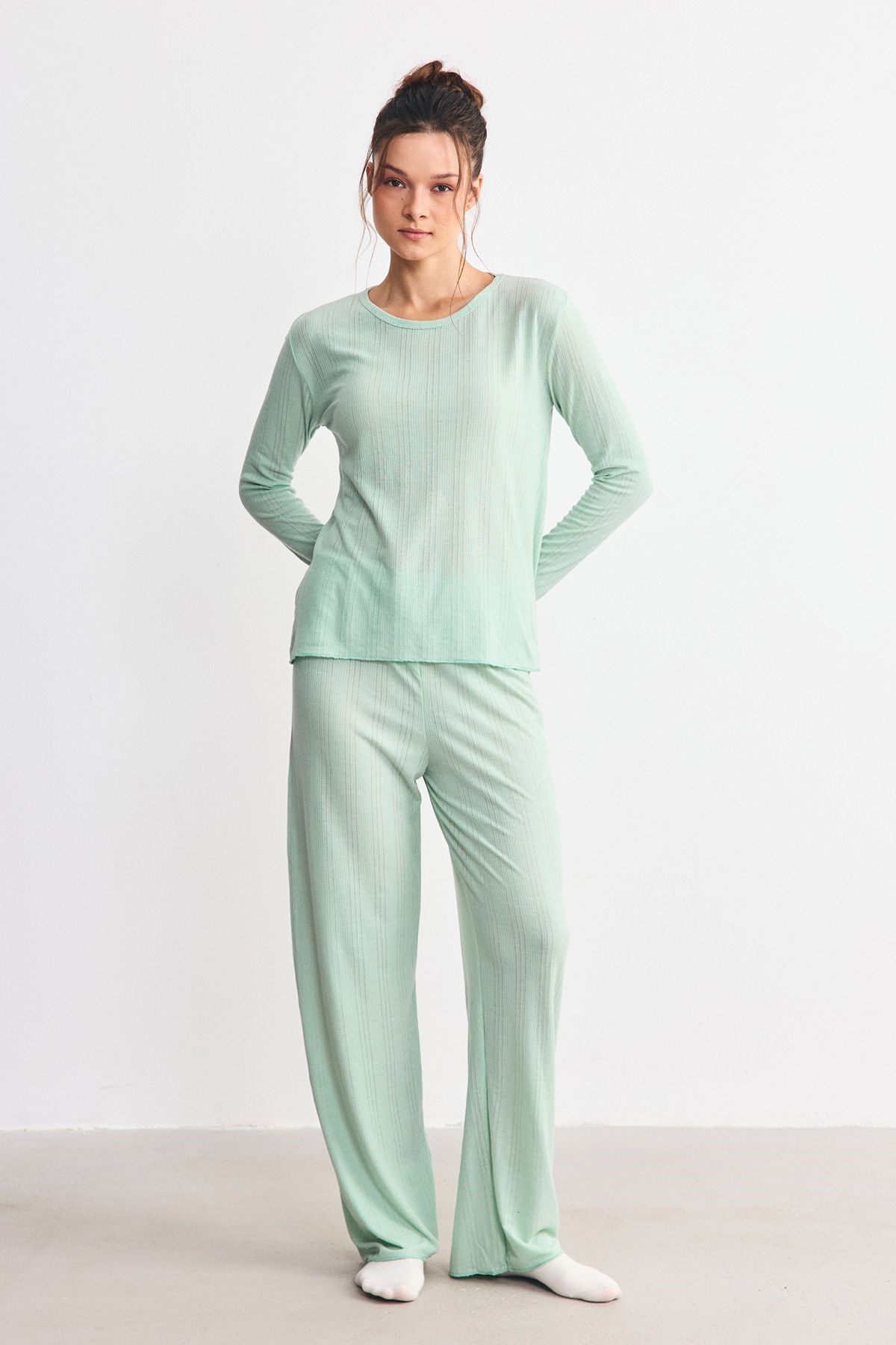 Fitilli Dokulu Yumuşak Pijama Takımı Yeşil
