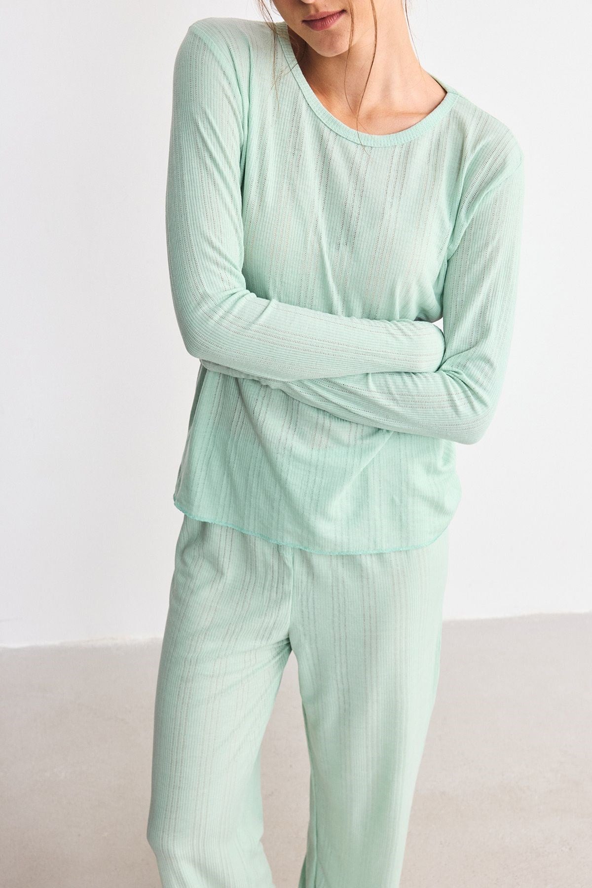 Fitilli Dokulu Yumuşak Pijama Takımı Yeşil