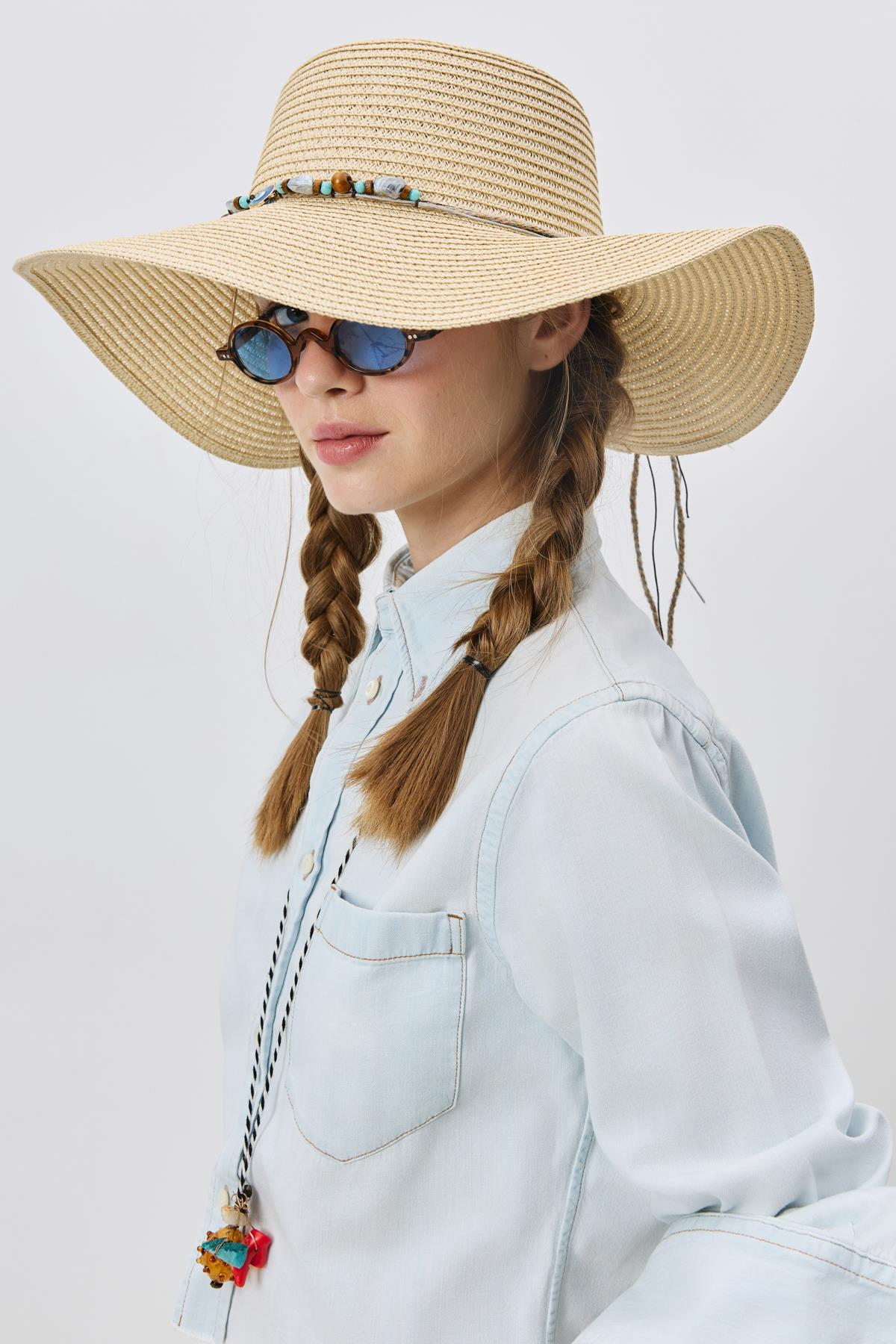 Geniş Kenar Hasır Plaj Şapkası Y25730-13 Bej