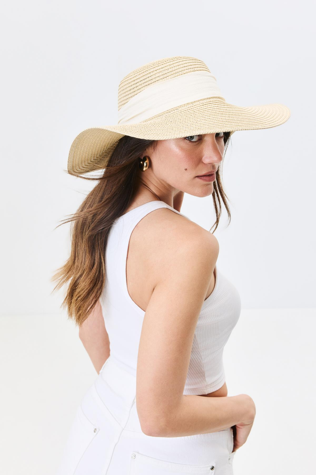 Geniş Kenar Hasır Plaj Şapkası Y25730-10 Bej