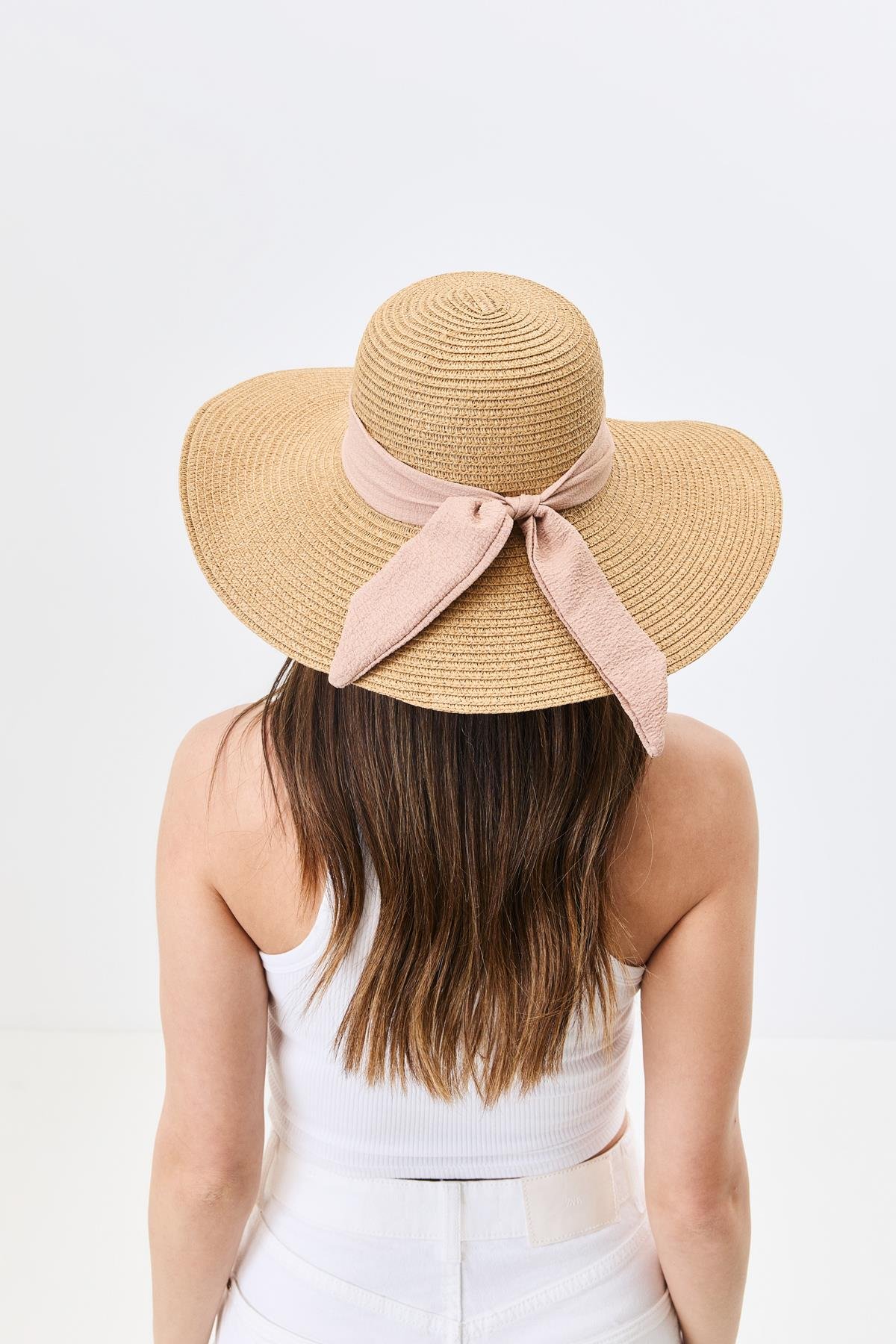 Geniş Kenar Hasır Plaj Şapkası Y25730-10 Vizon