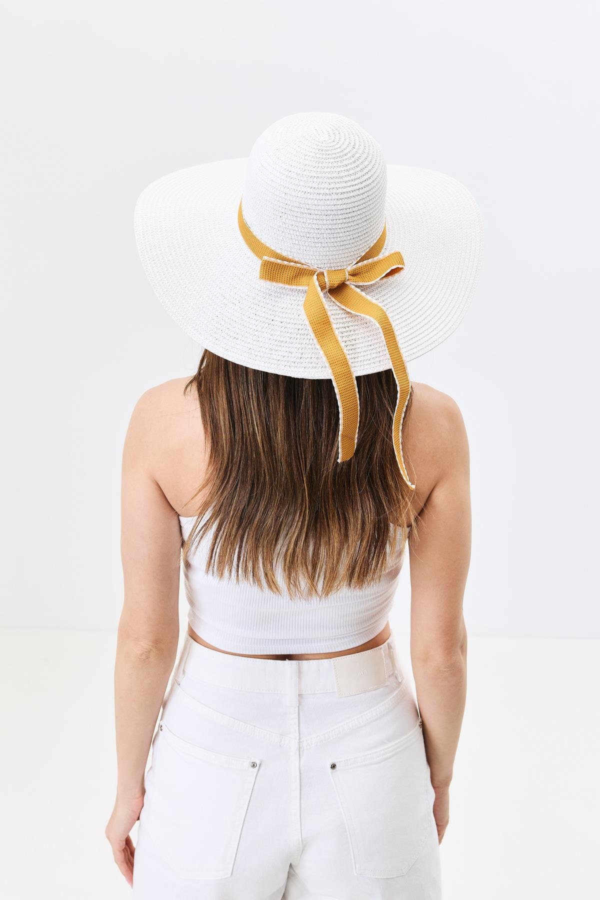 Geniş Kenar Hasır Plaj Şapkası Y25730-04 Beyaz